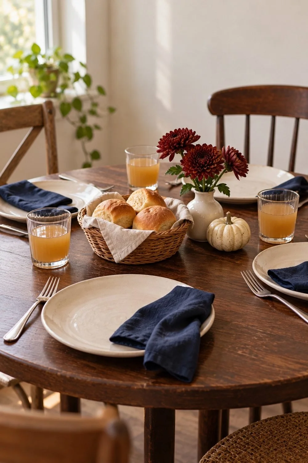 Small round Friendsgiving table with cream plates, navy napkins, bread and burgundy flowers