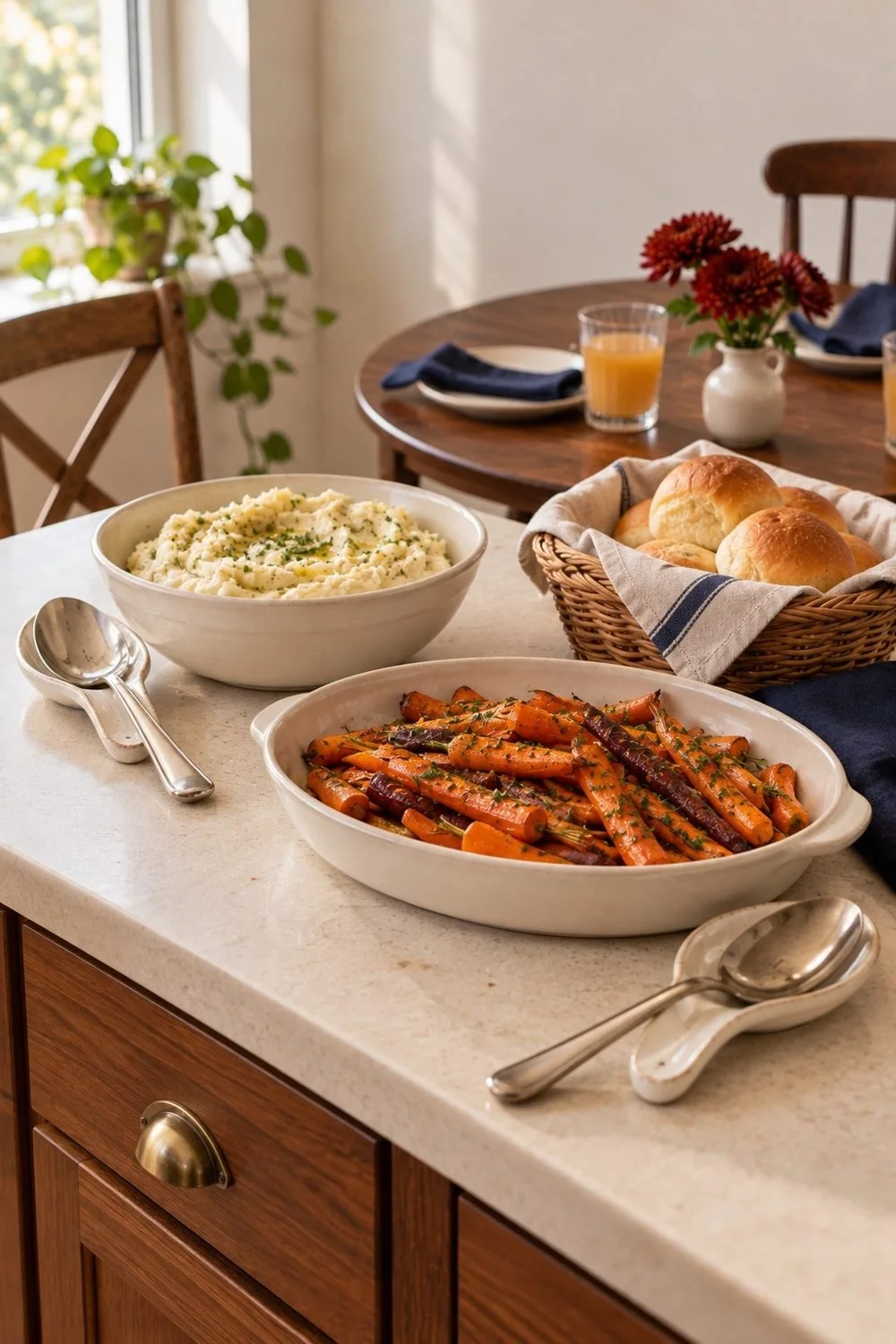 Carrots, mashed potatoes and bread on a separate kitchen serving counter