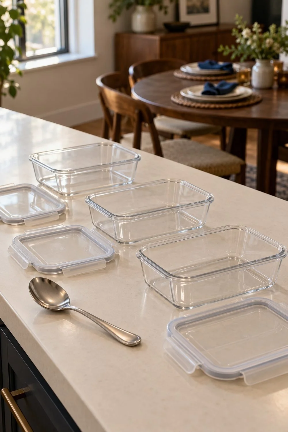 Three empty shallow food containers with their matching lids ready for leftovers