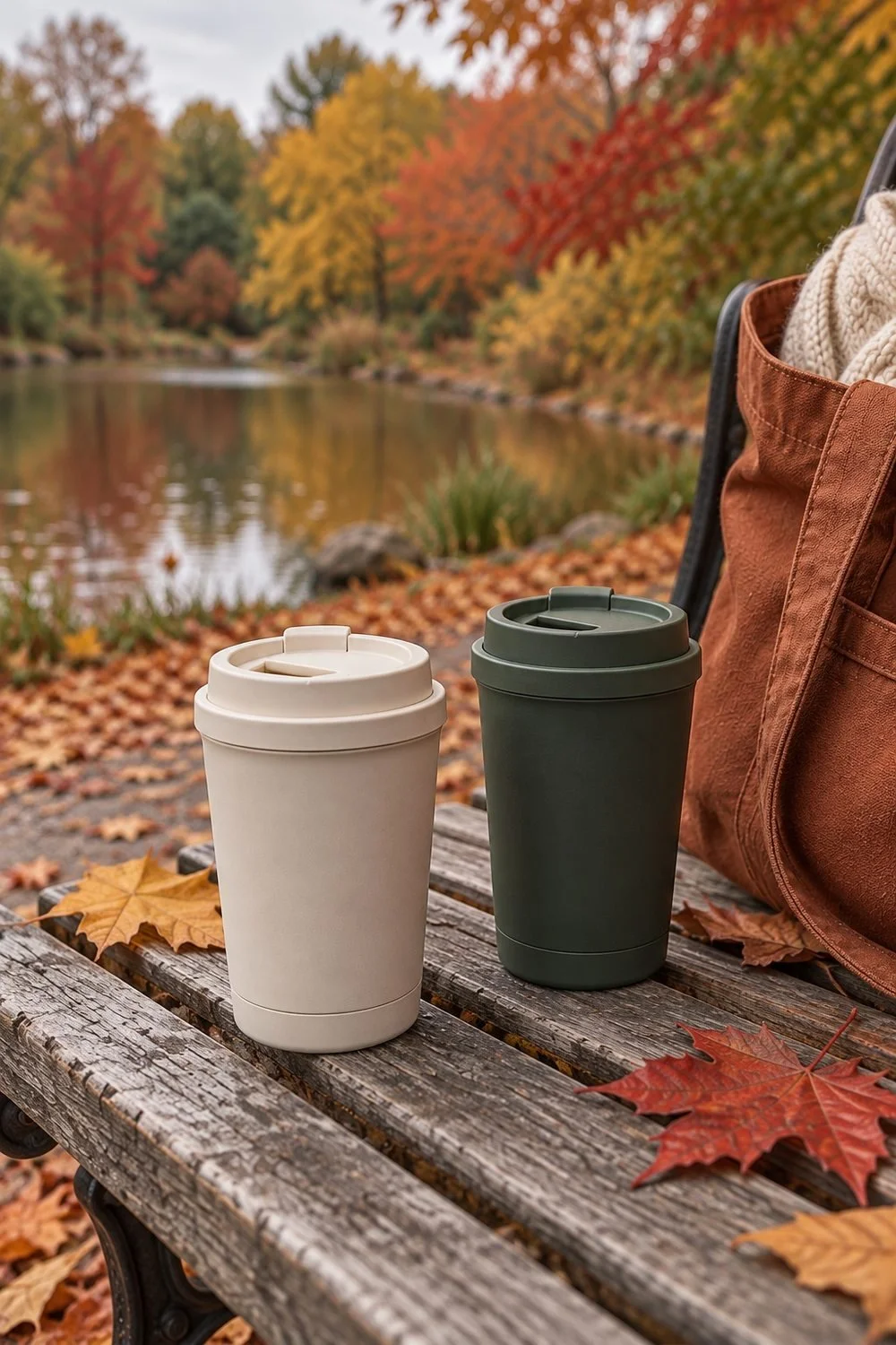 Ivory and green reusable travel cups on a weathered wooden bench