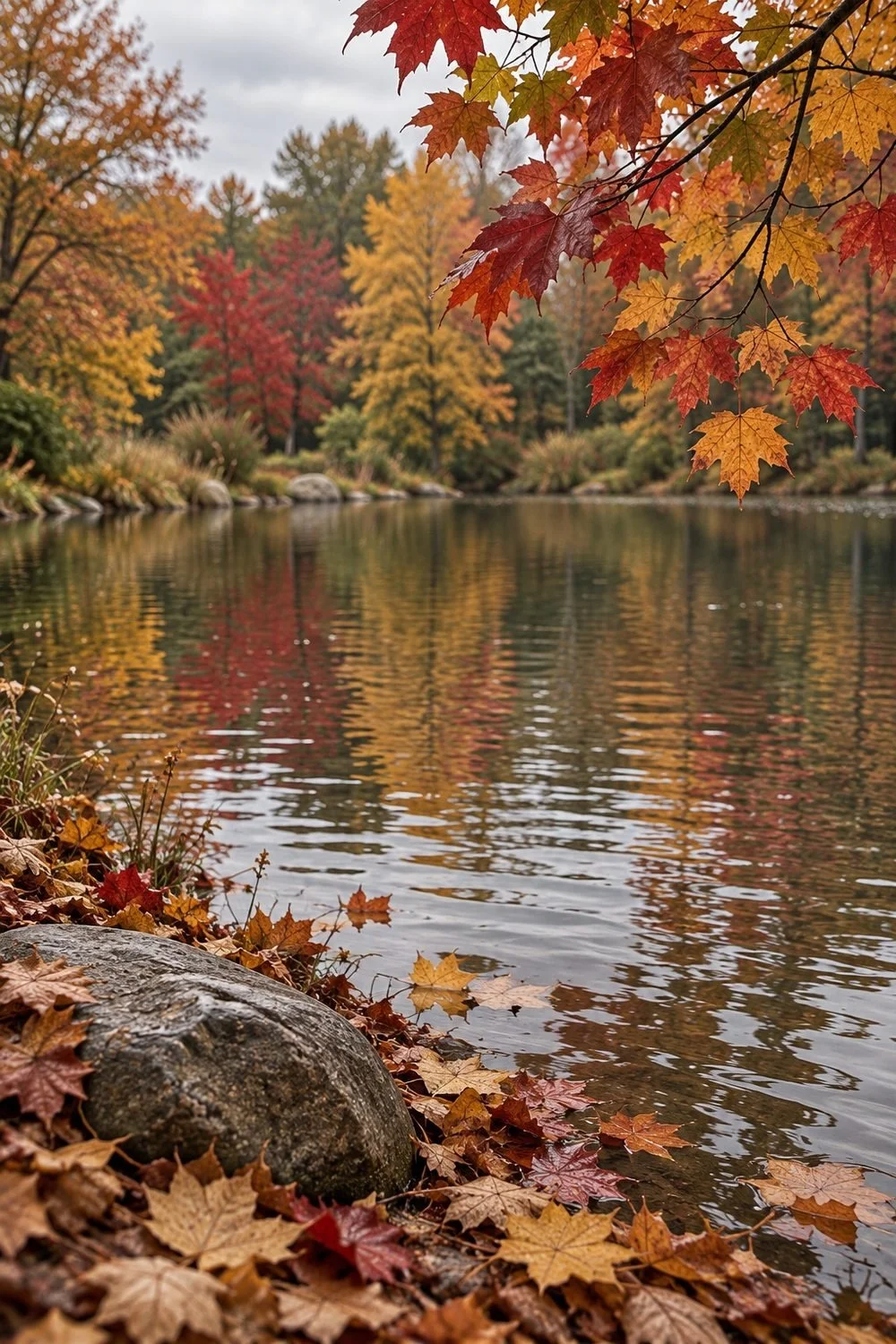 Autumn leaves and tree reflections beside a quiet pond