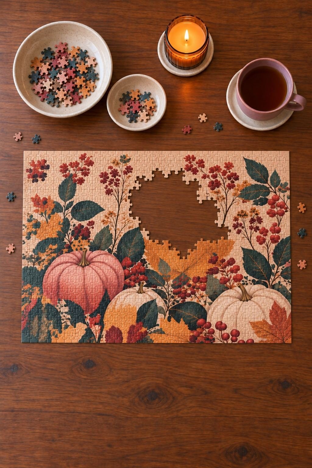 Overhead view of a fall jigsaw puzzle with four straight sides and an unfinished center, beside tea and a candle