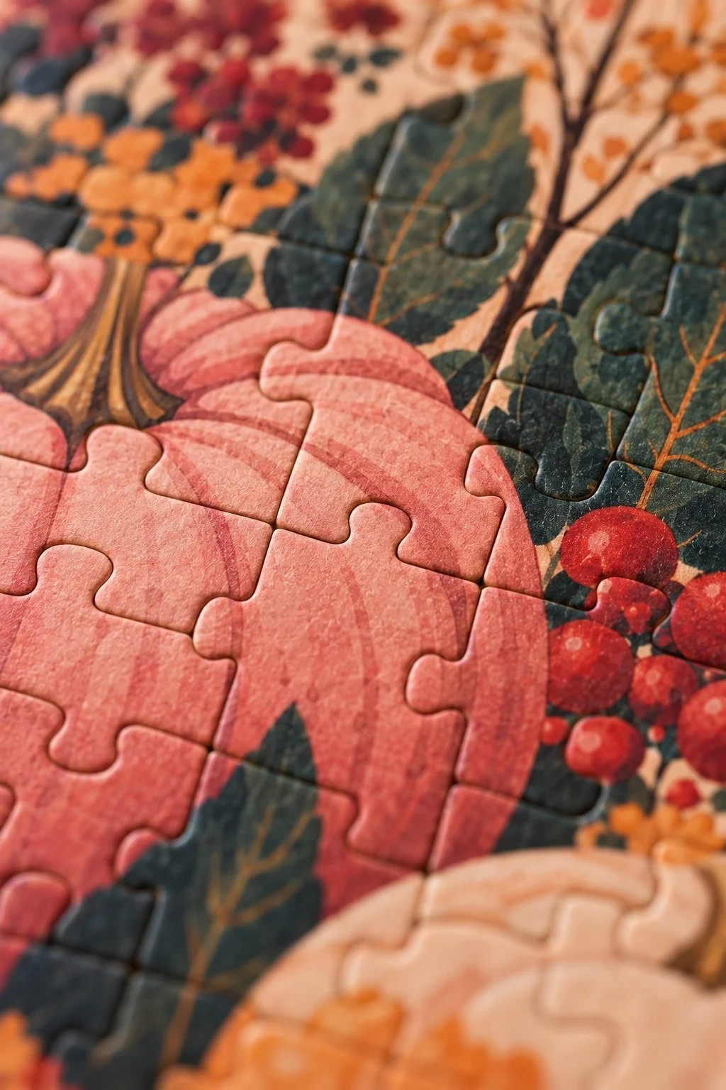 Close view of pumpkin artwork and interlocking cardboard pieces in a fall jigsaw puzzle