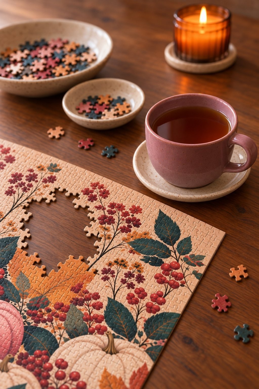 Mauve tea mug and cream sorting dishes beside a fall puzzle on a walnut table
