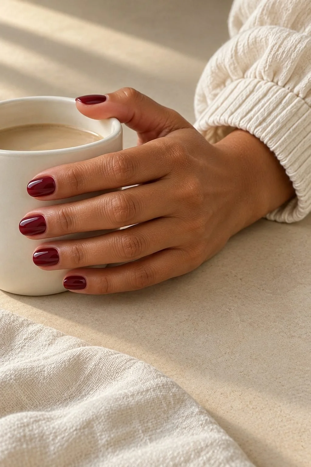 Short oval burgundy nails on a relaxed hand holding an ivory cup.