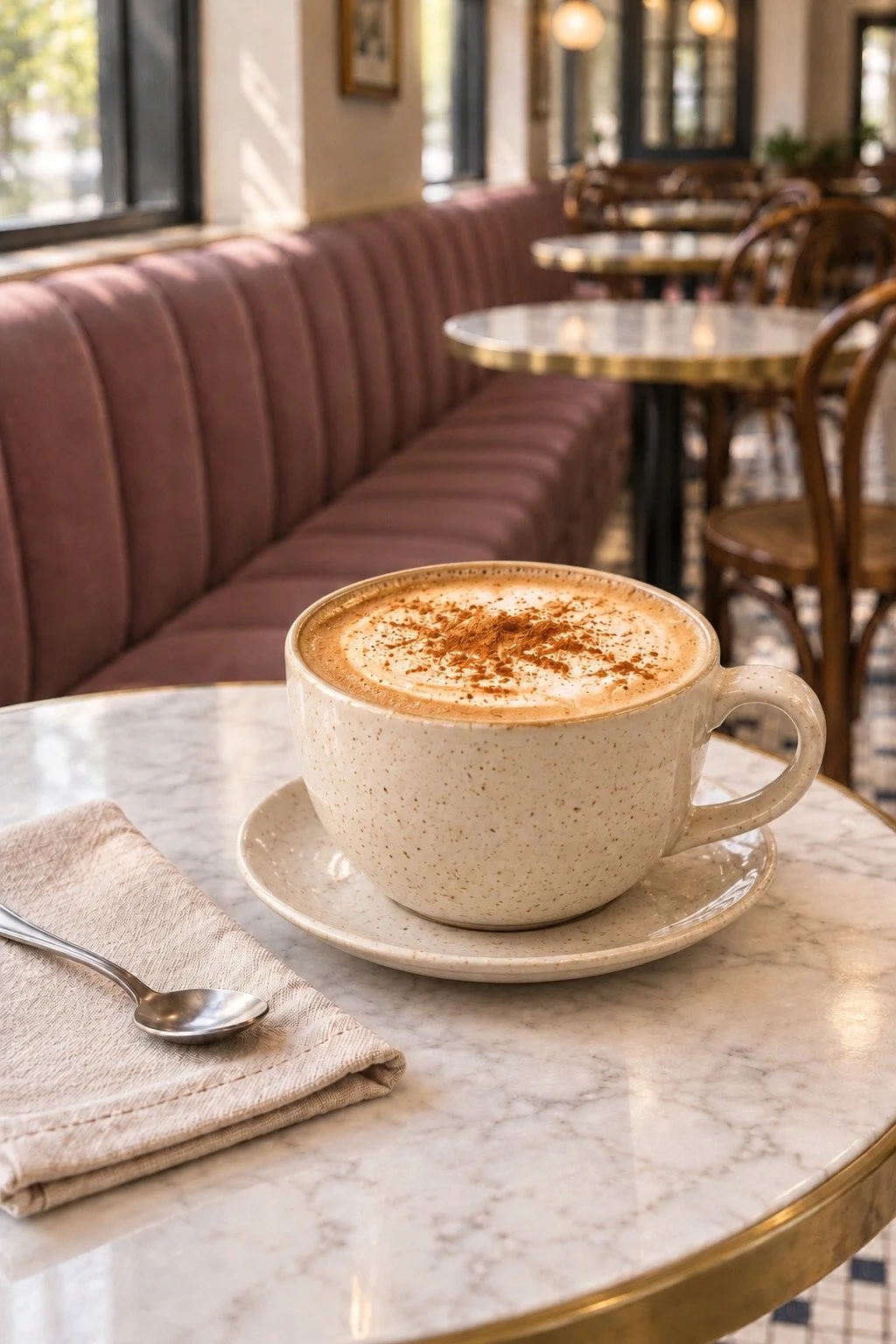 A cream cup of latte with cinnamon and milk foam on a marble table beside a mauve café booth.