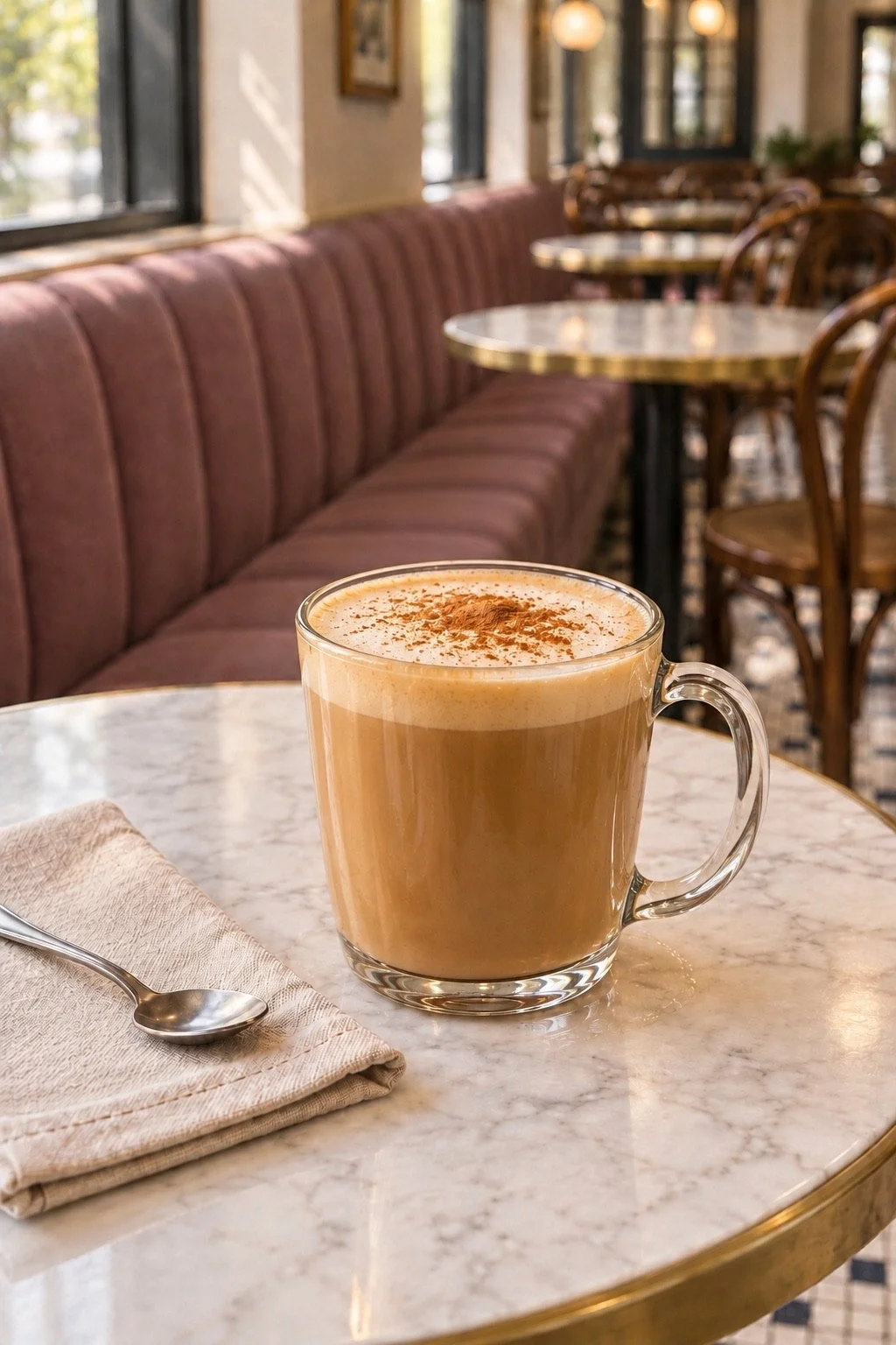 A milky latte with cinnamon in a clear handled glass on a marble café table.