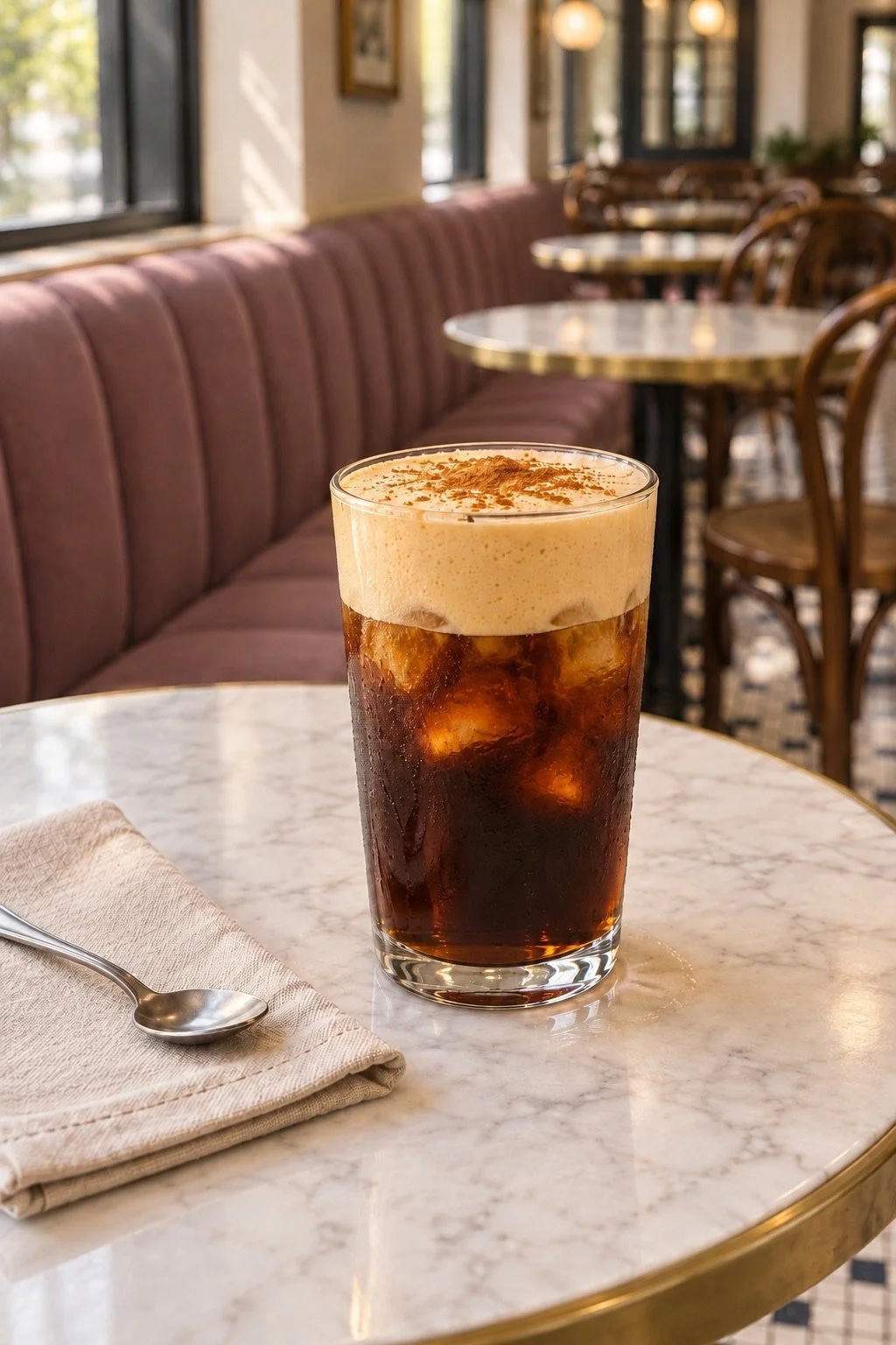 A glass of iced cold brew topped with pumpkin cold foam and cinnamon.