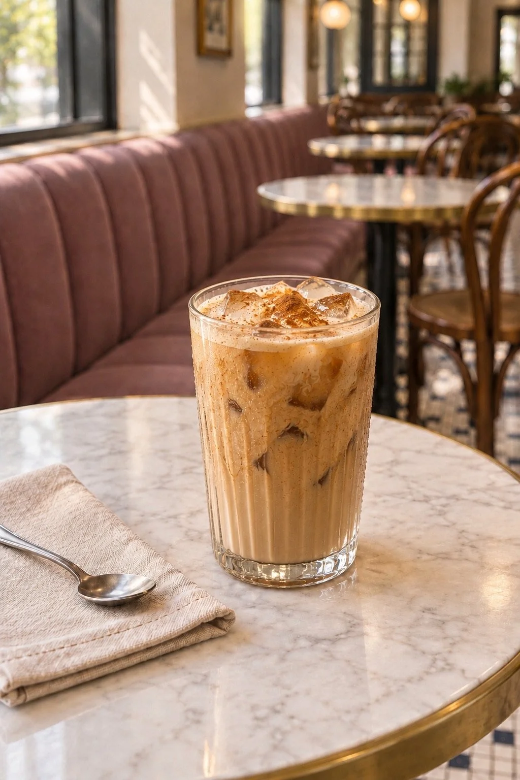 A ribbed glass of iced latte with cinnamon beside a cream napkin.