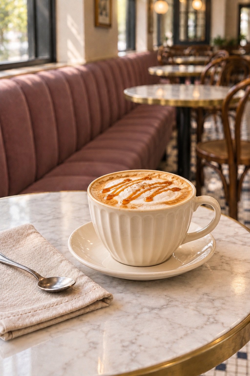 A cream cup of latte with caramel drizzled across the milk foam.