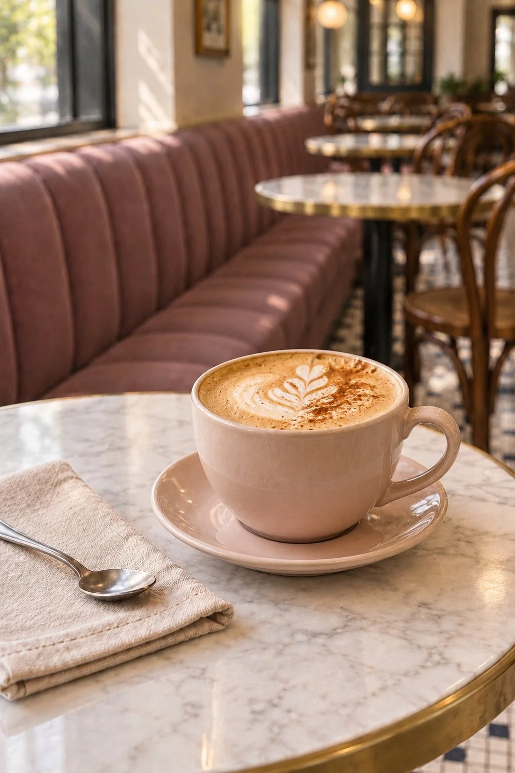 A blush cup of latte with leaf-shaped milk foam and cinnamon.