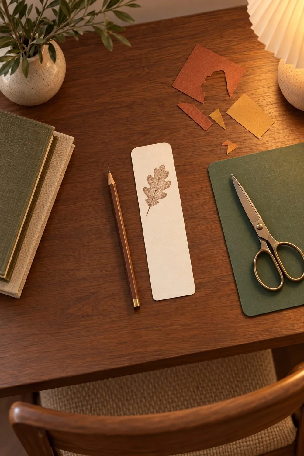 Handmade oak-leaf bookmark beside a pencil and closed scissors on a work mat