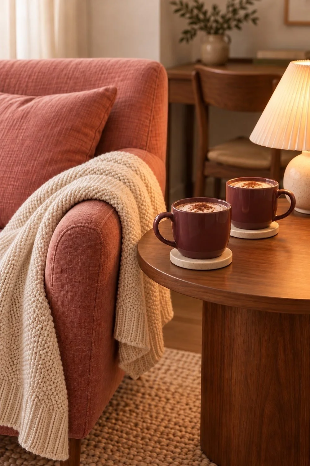 Two plum cocoa mugs on separate coasters beside a rose armchair