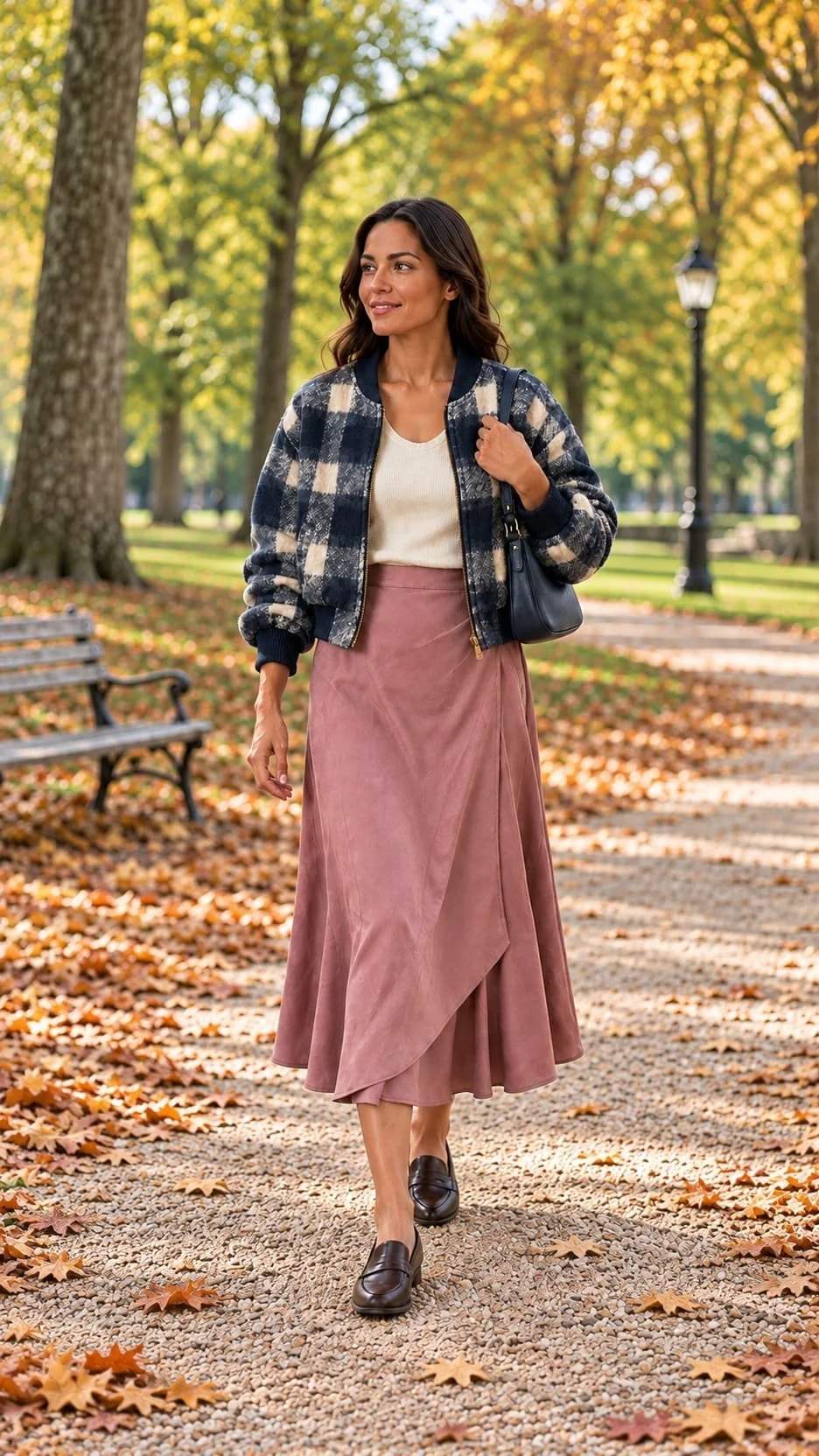 A woman wears a navy plaid bomber, cream knit top, mauve midi skirt and brown loafers in a fall park.