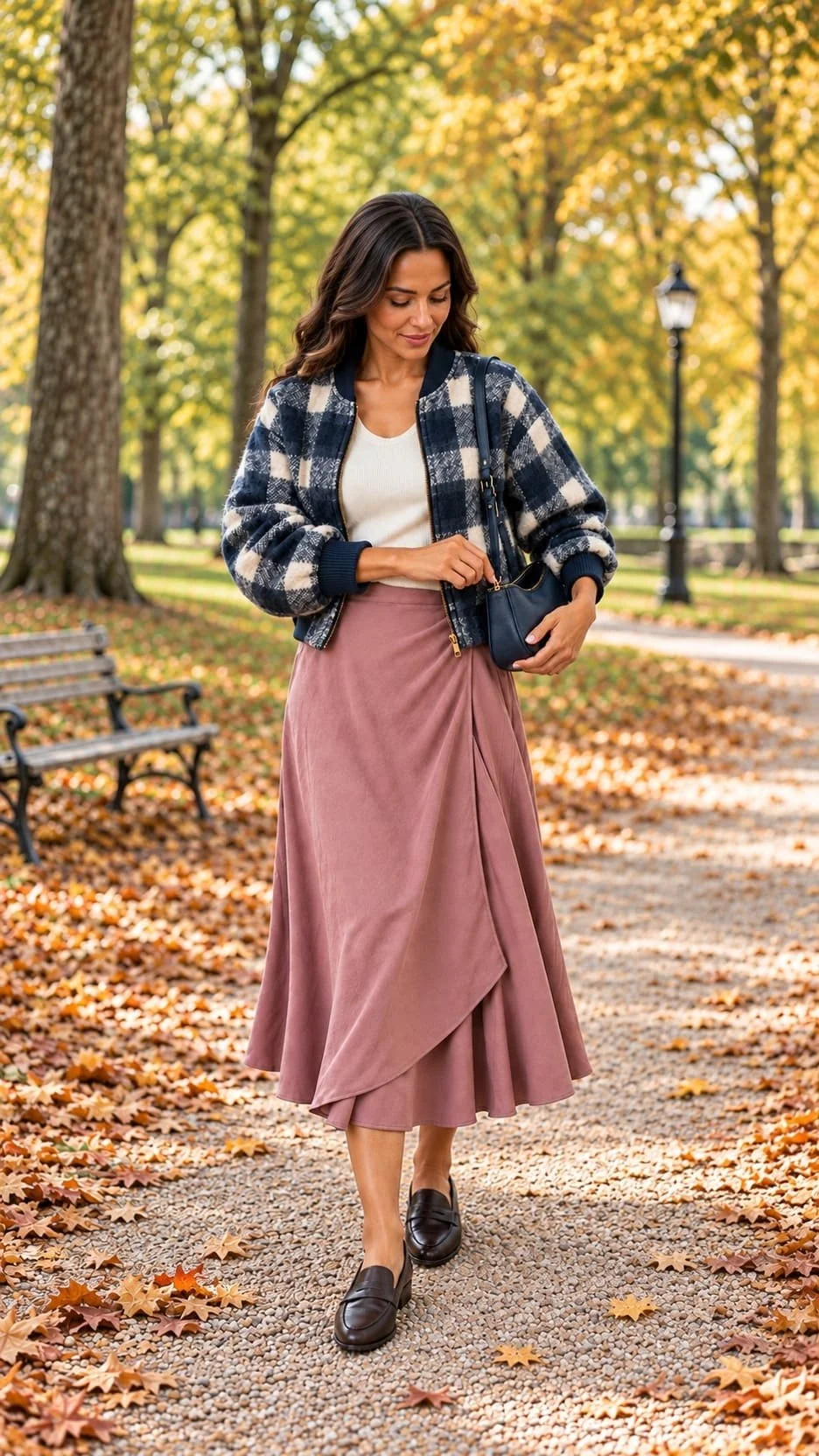 A woman opens a navy crescent shoulder bag while wearing a plaid bomber and mauve skirt.
