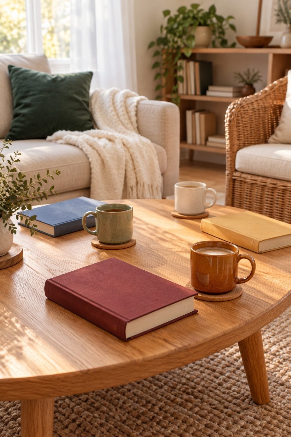 Three closed books and three mugs on an oak table beside a sofa and wicker chair