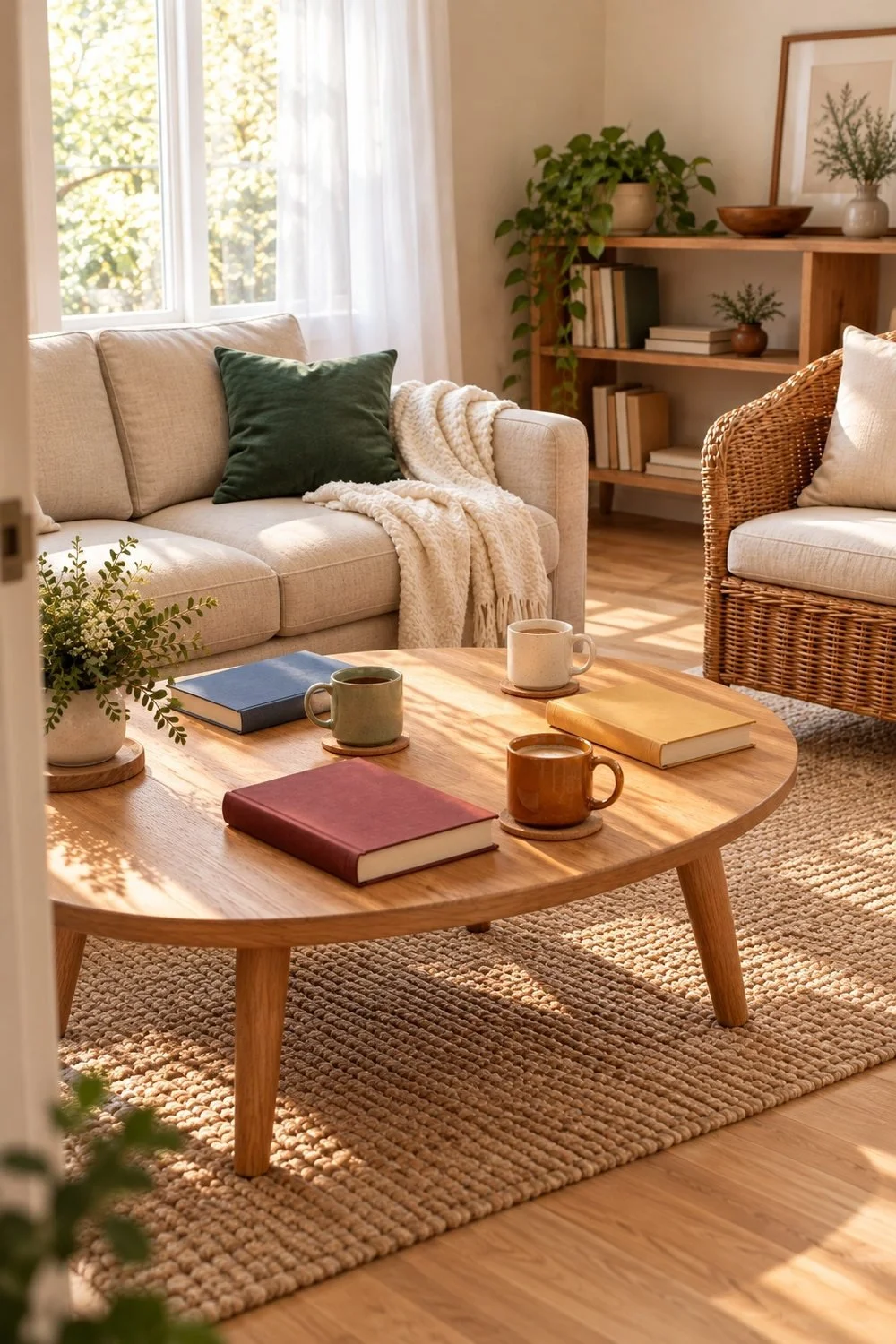 Sofa and wicker chair arranged around a reading table for three guests
