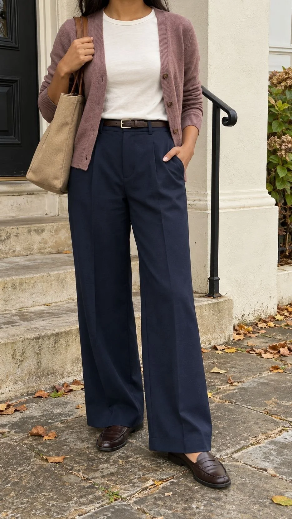 Mauve cardigan over a cream tee with navy wide-leg trousers and brown loafers.
