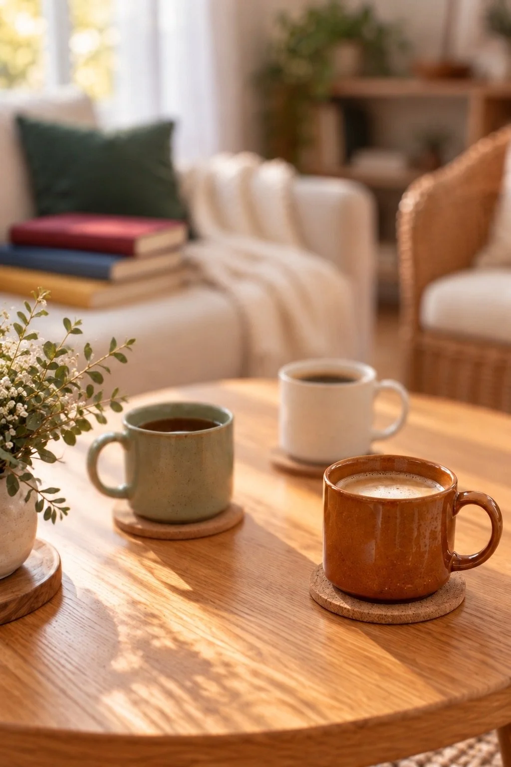 Brown mug in focus with sage and cream mugs on a table during a shared reading break