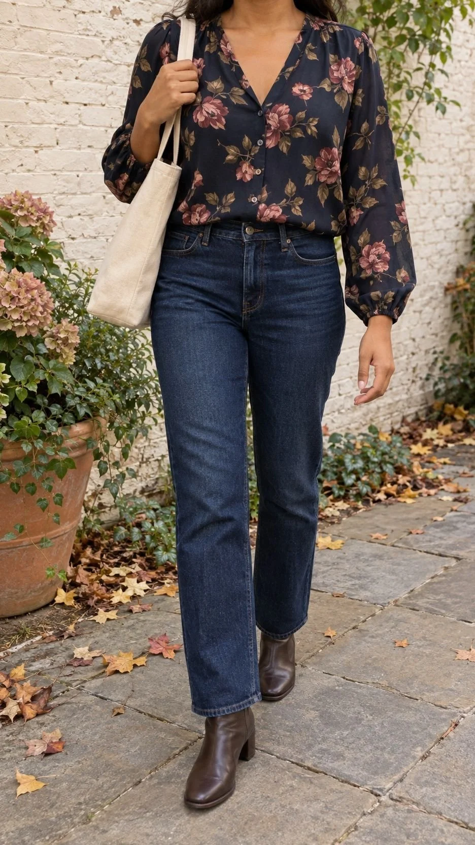 Navy floral blouse with dark jeans, brown ankle boots and a cream tote.