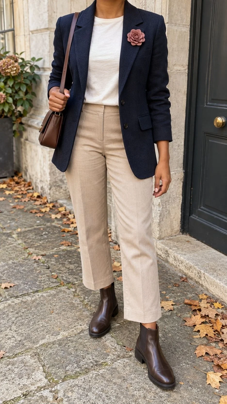 Navy blazer with a rose flower brooch, cream tee, stone trousers and brown ankle boots.