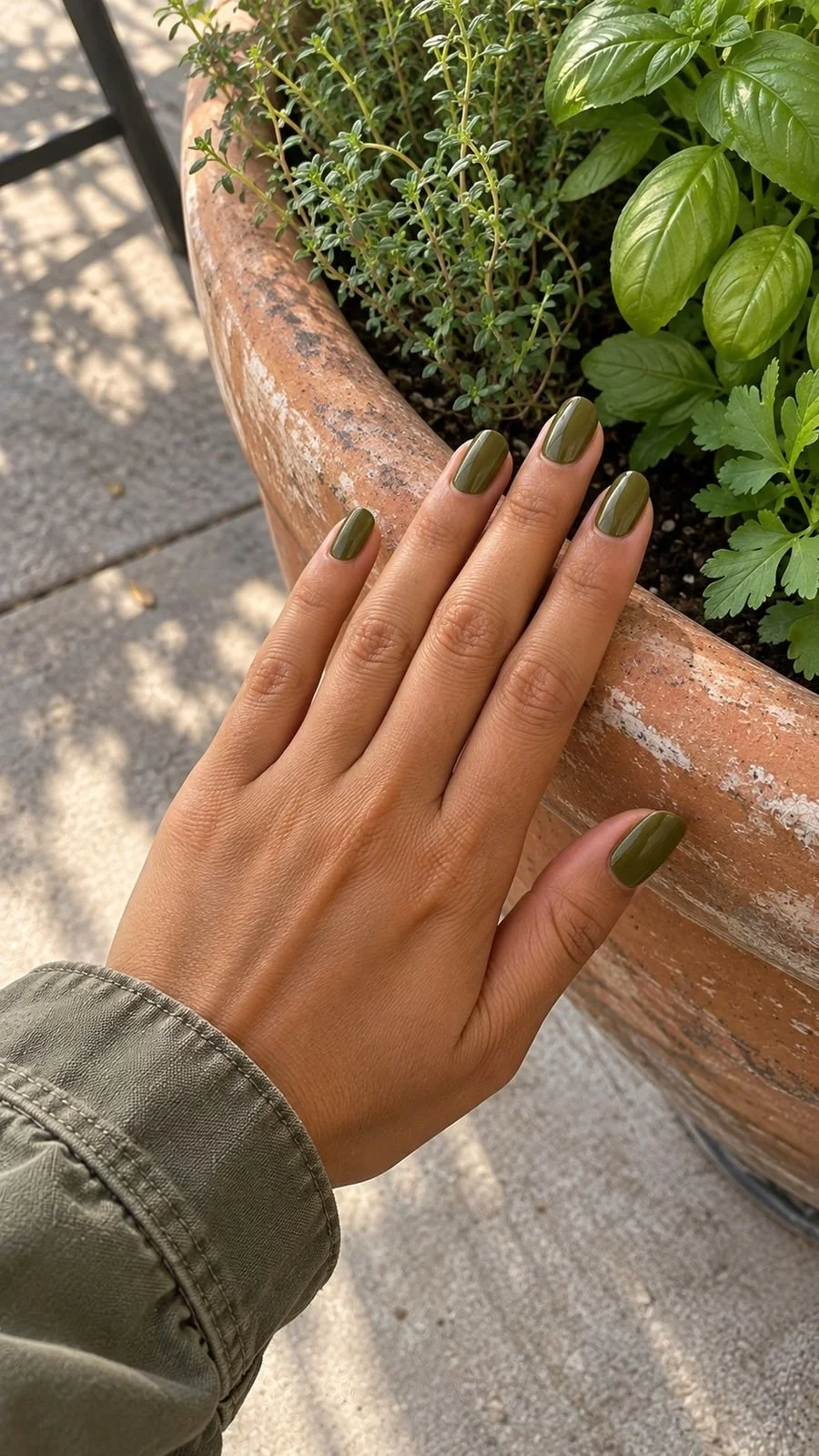 An olive green manicure on a hand resting on a terracotta planter.