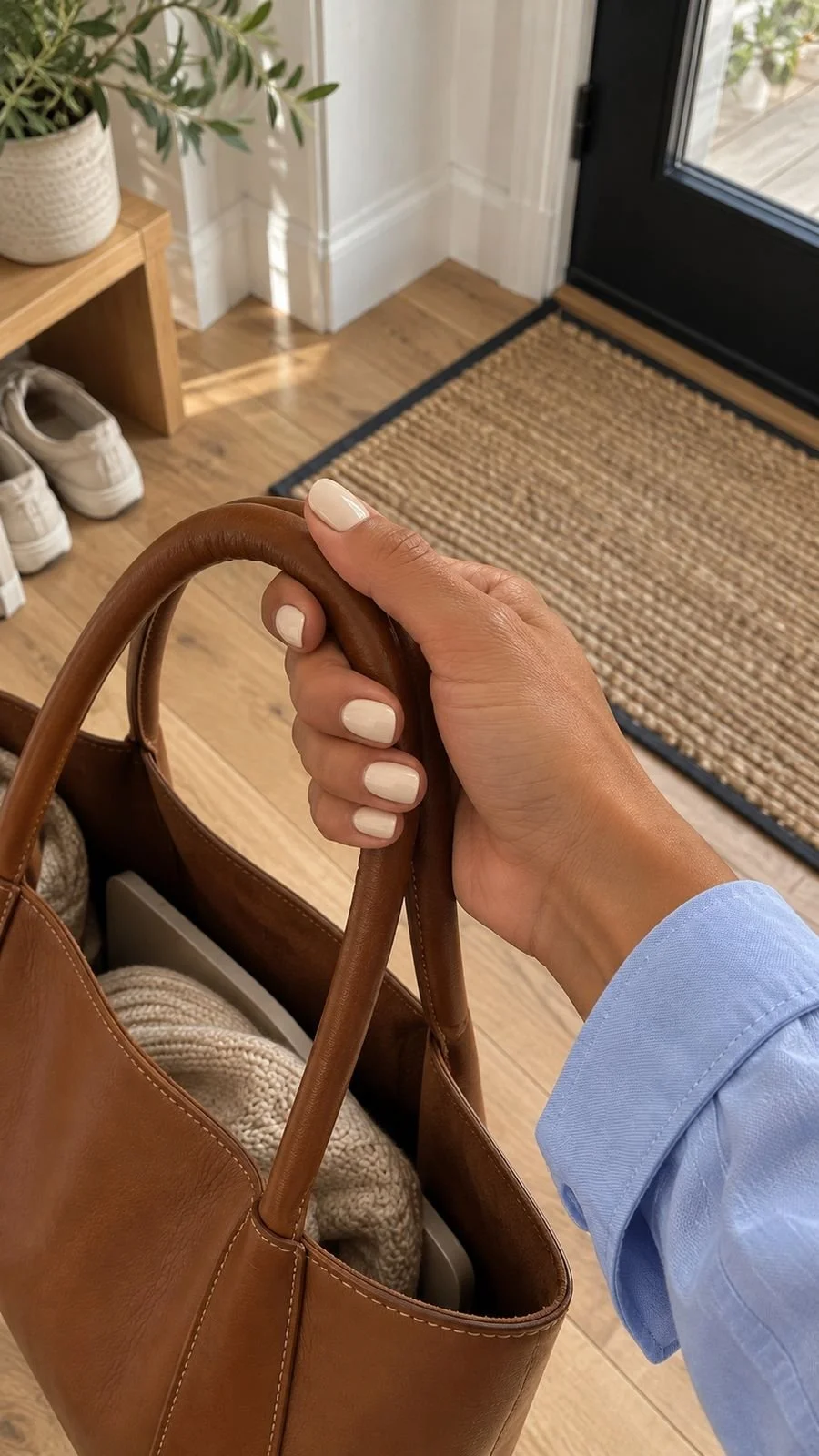 Cream nails on a hand holding a brown leather tote handle.