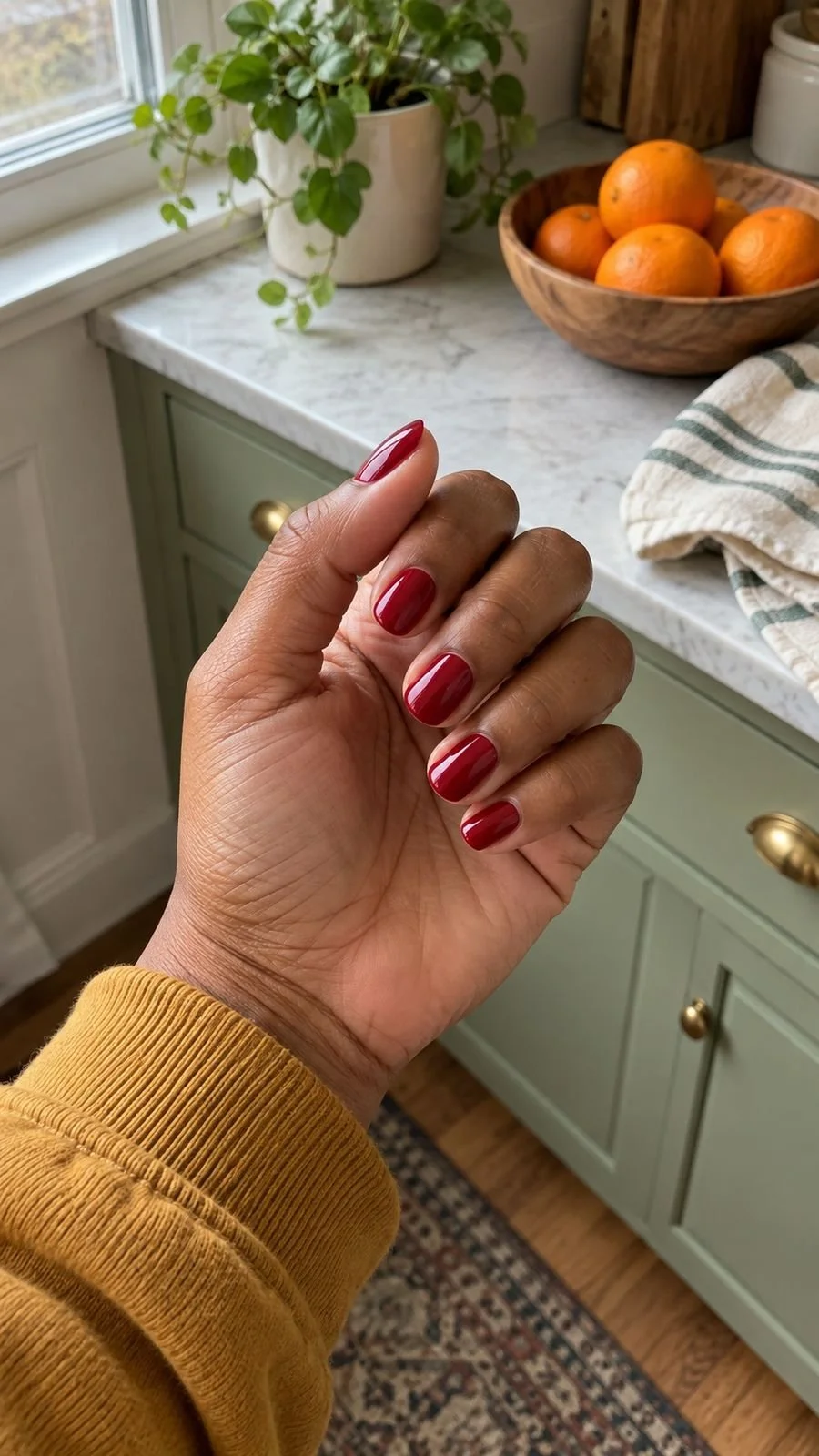 A glossy red manicure on a loosely curled hand in a kitchen.