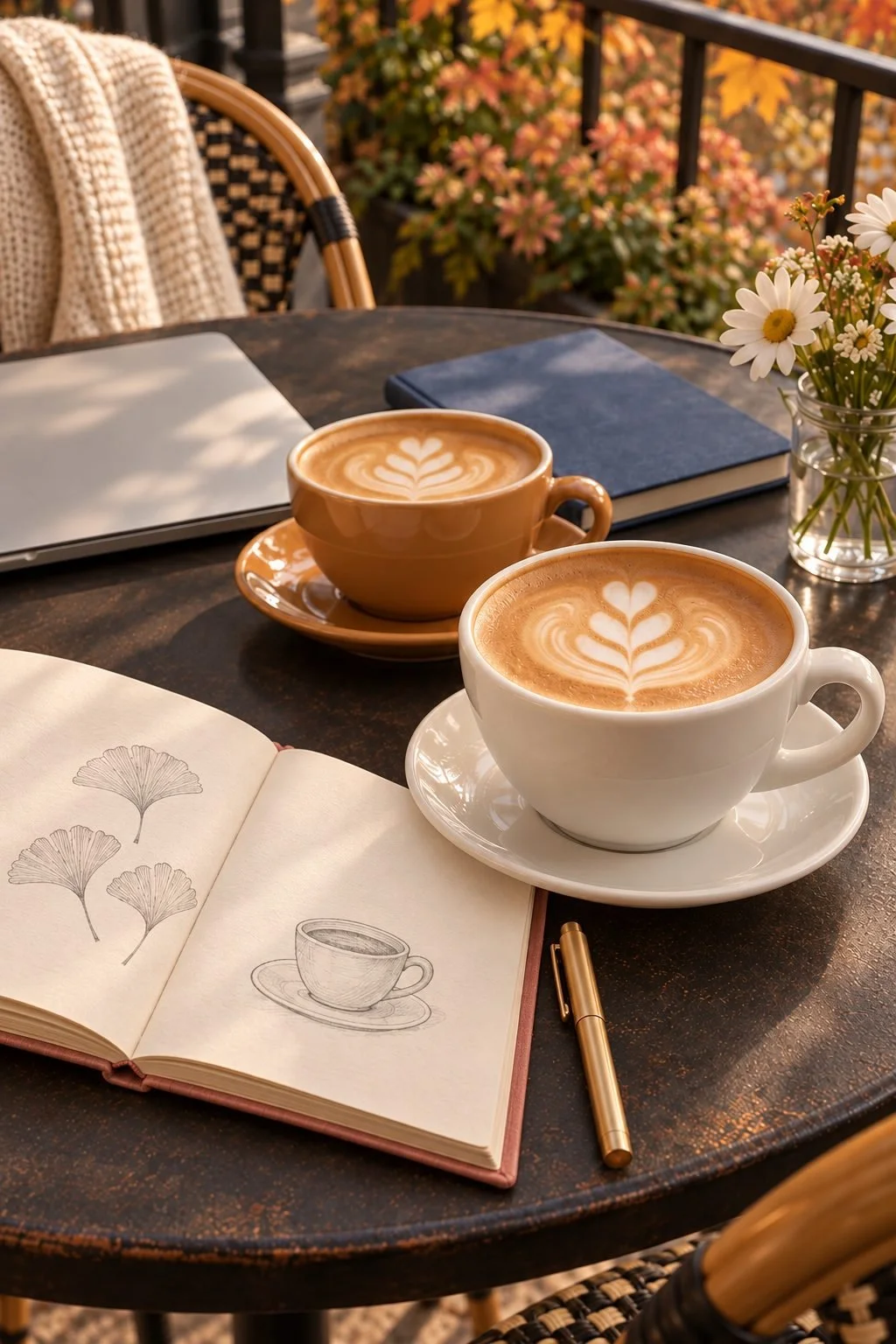 Two lattes beside an open sketch journal on a fall café table.