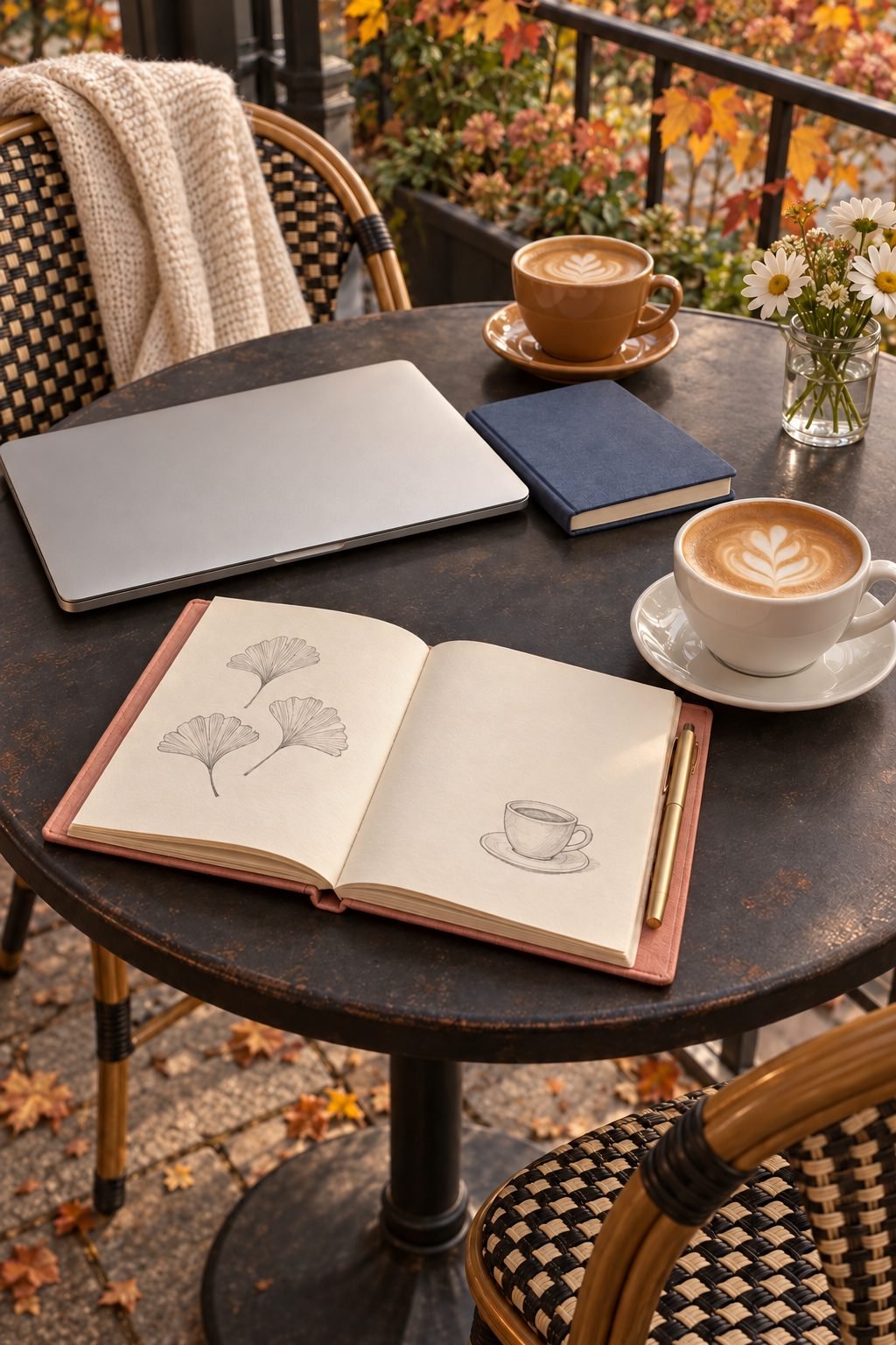 Two coffee-shop study spaces with lattes, a laptop and an open sketch journal.