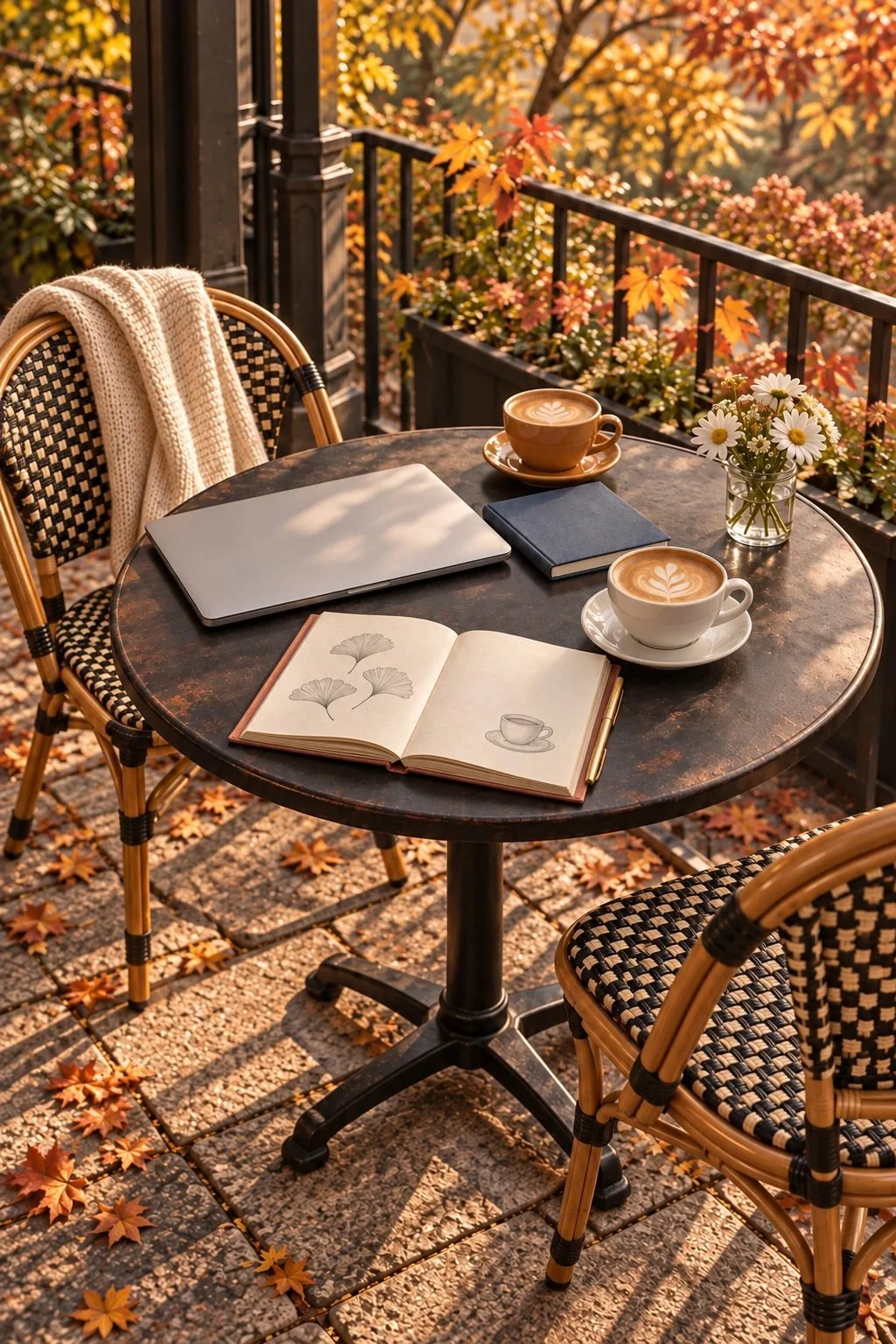 Two woven chairs beside a fall café study table with coffee, notebooks and a laptop.