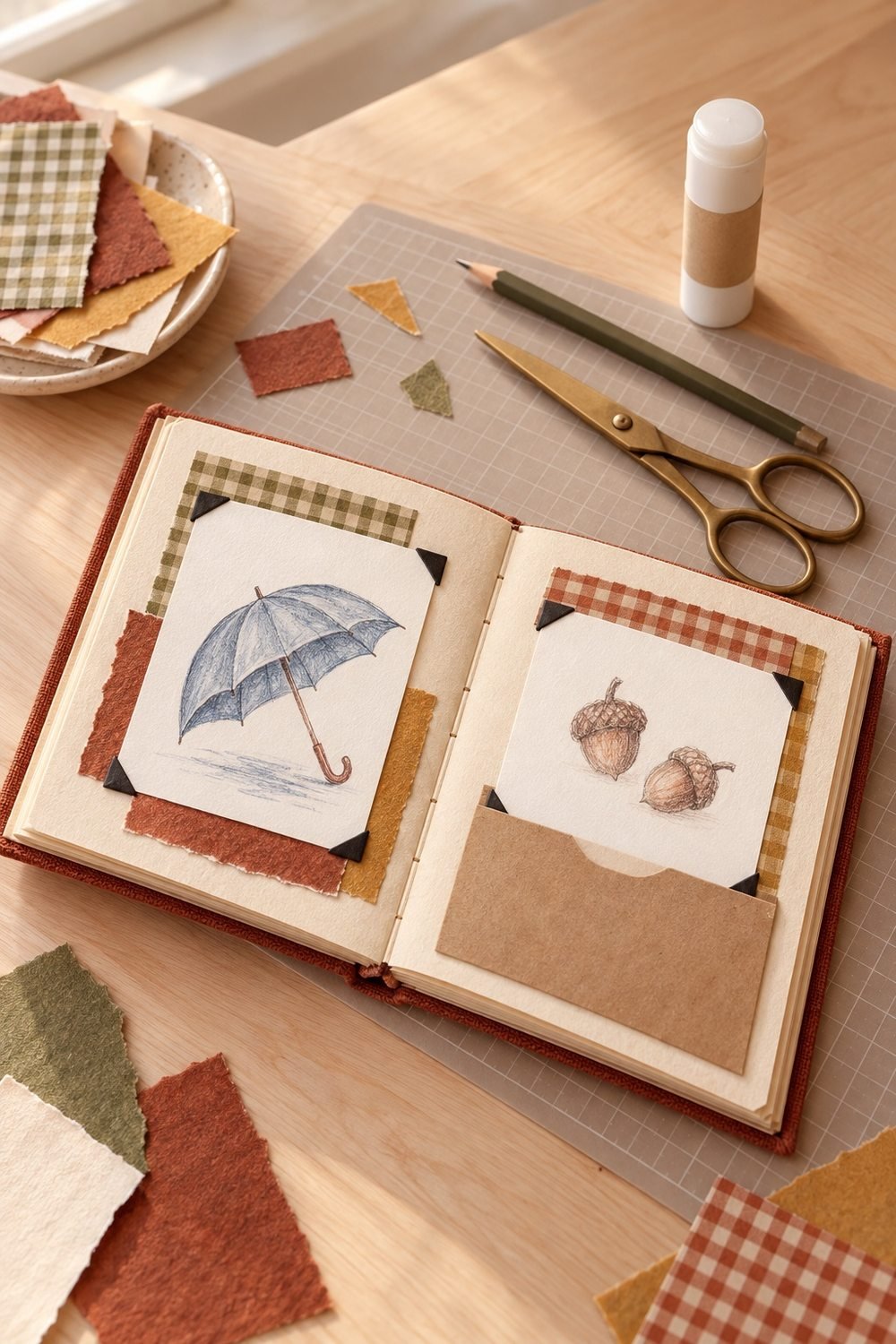Open rust scrapbook with an umbrella drawing, acorn sketches and a kraft pocket