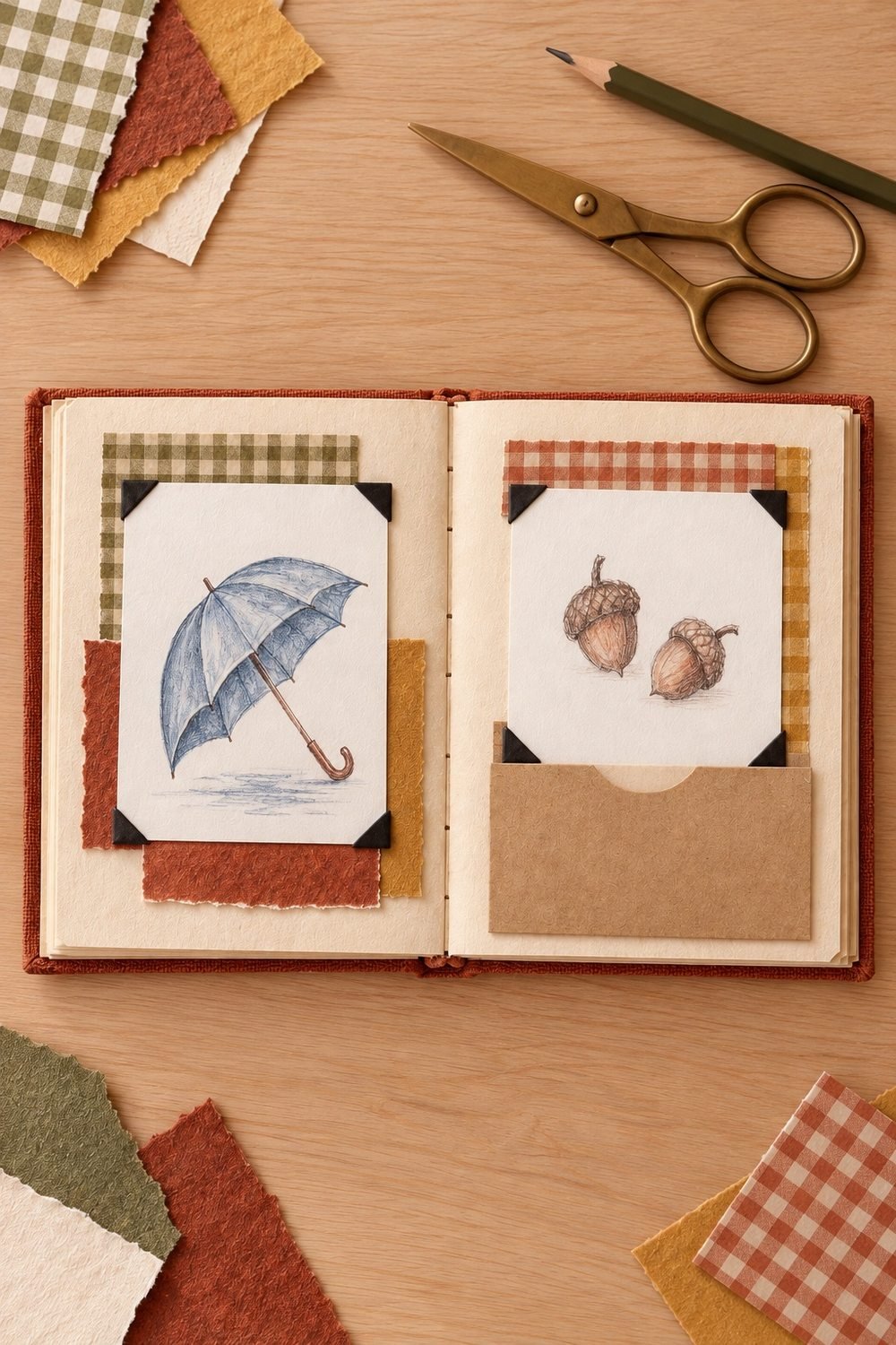 Overhead view of two scrapbook pages with original drawings and paper layers