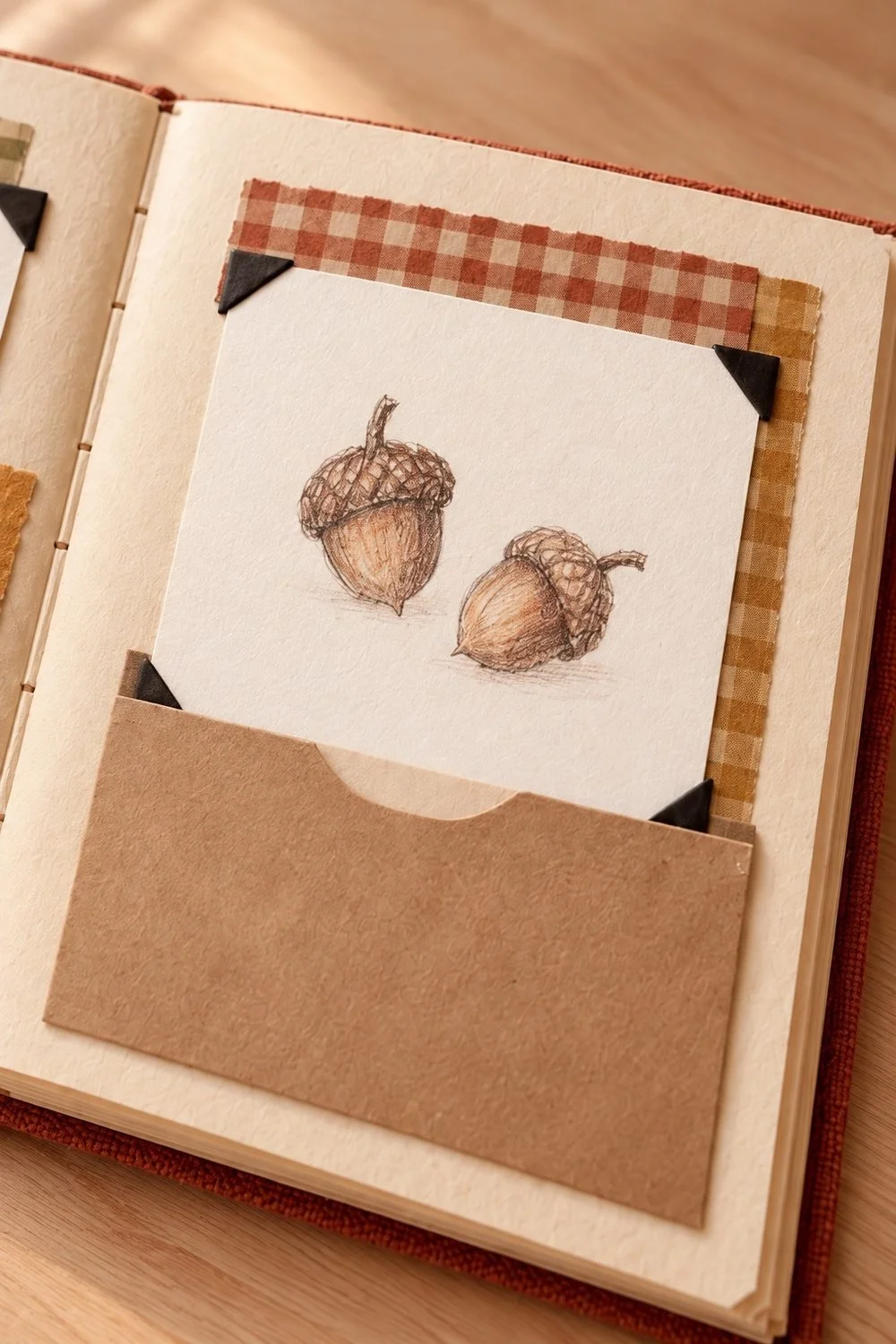 Flat kraft paper pocket below a card with two brown acorn sketches