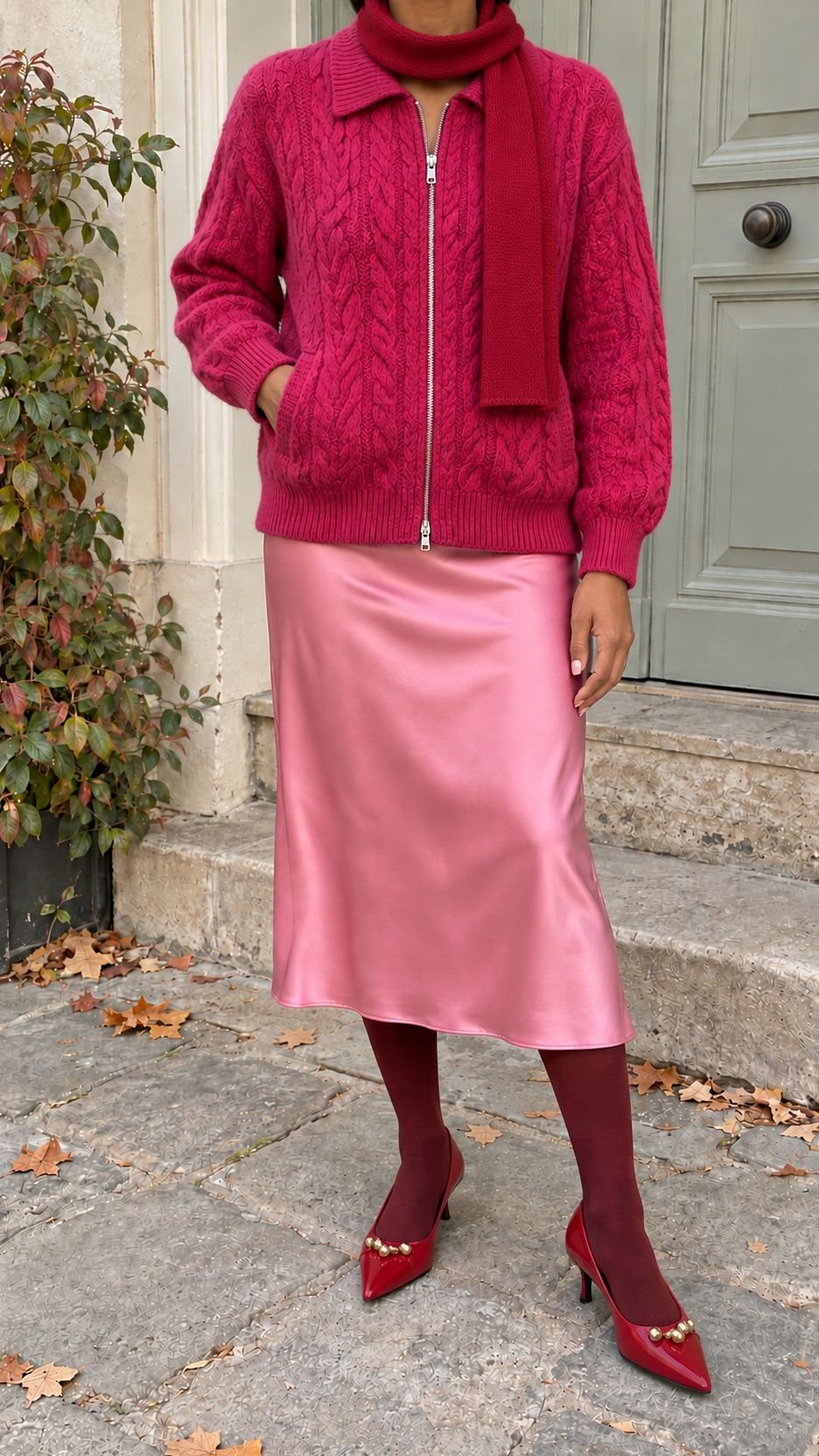 Magenta cardigan and pink satin midi skirt with a plain red scarf, burgundy legwear and red pointed heels.