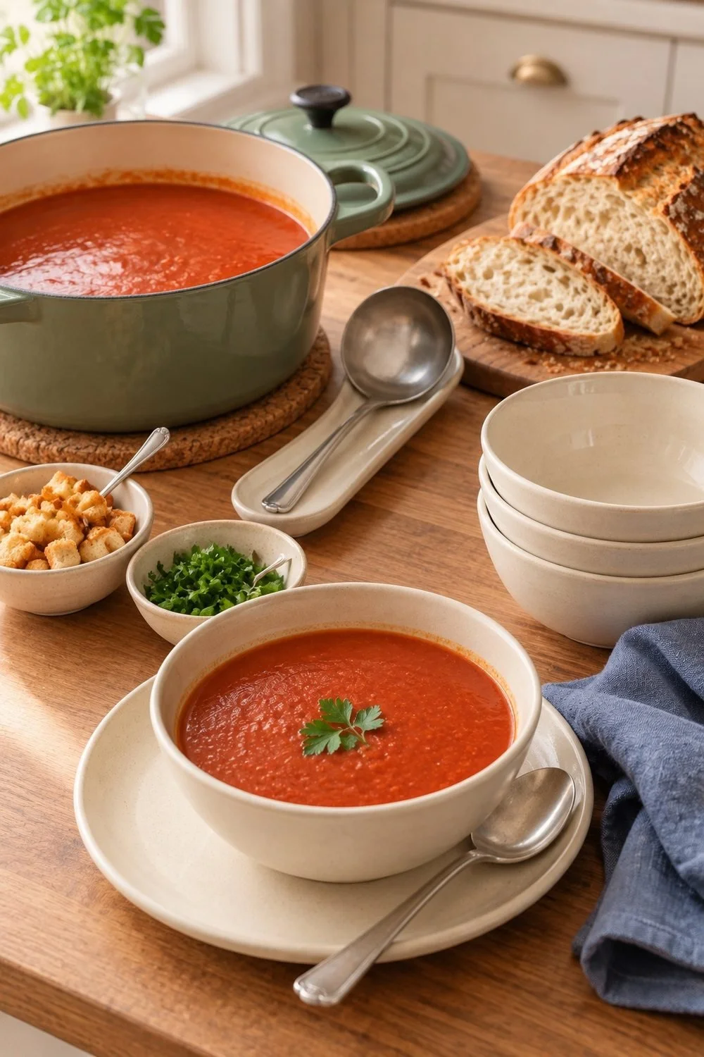 Sage pot of tomato soup with cream bowls, bread and separate toppings on a kitchen counter