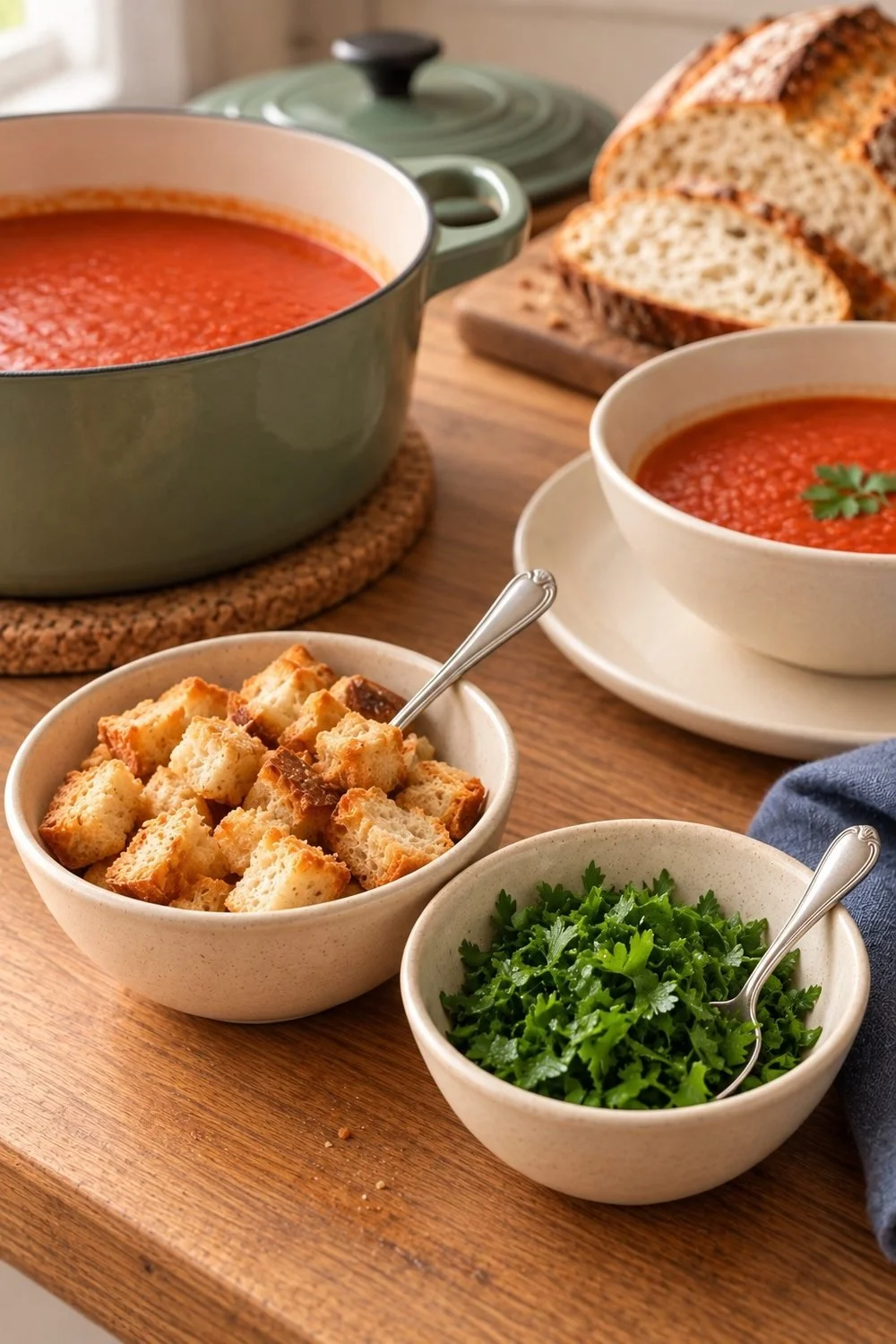 Separate dishes of croutons and chopped parsley with their own serving spoons