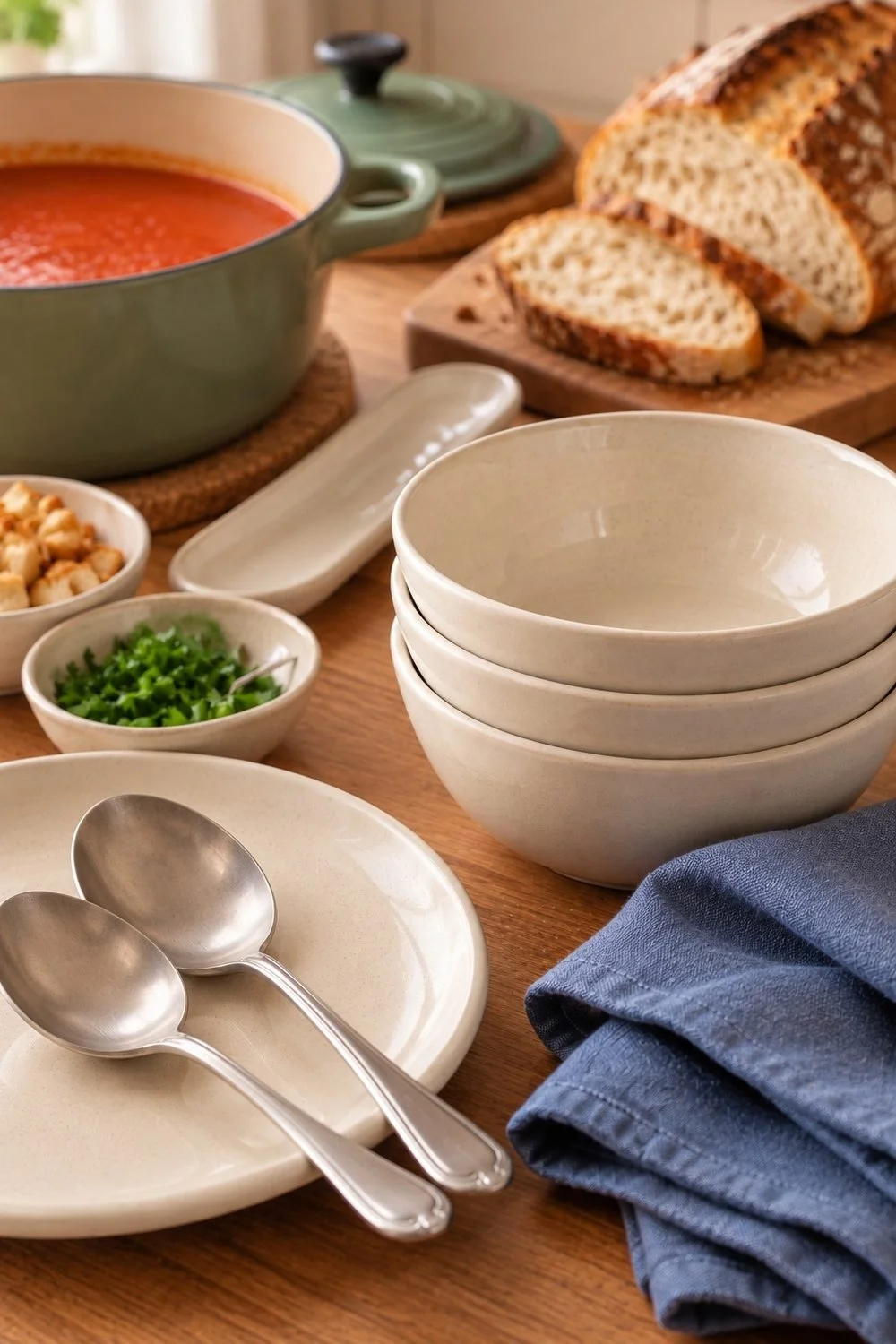 Stacked cream soup bowls beside blue cotton napkins and clean spoons on a plate