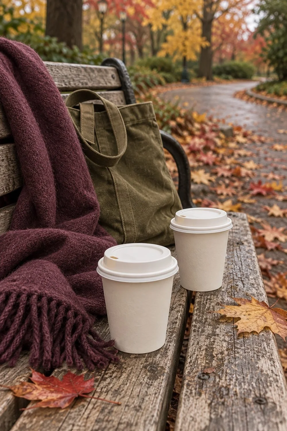 Two cream lidded cups on a pale park bench beside a plum scarf and olive canvas tote