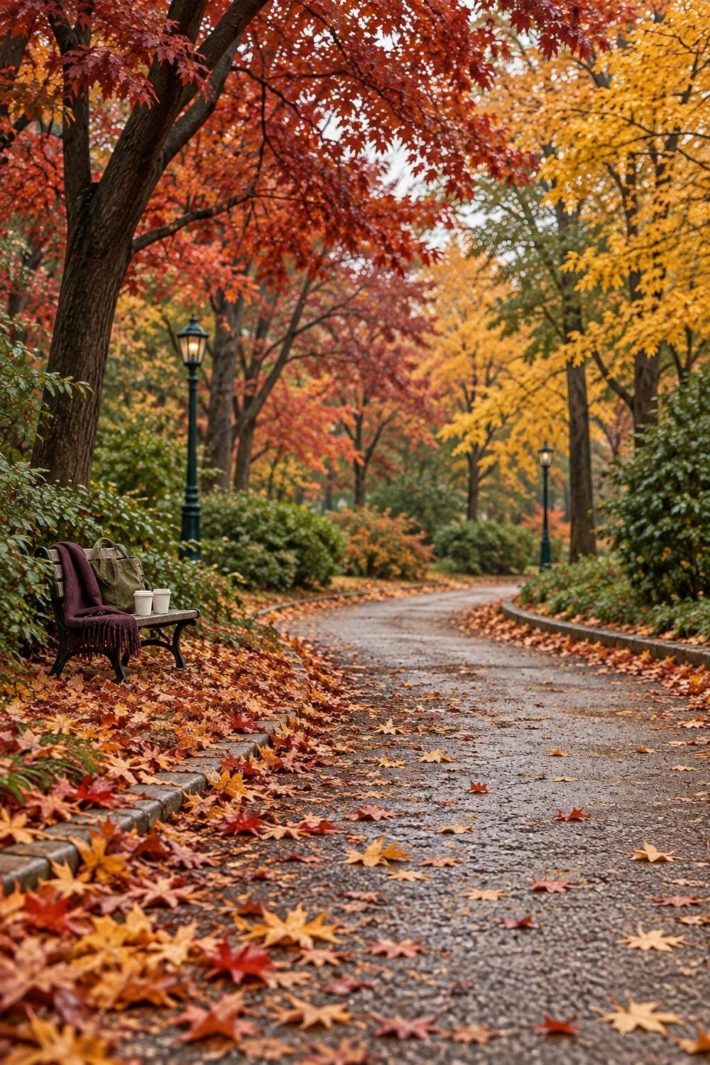 Empty curved park path under red and gold autumn trees