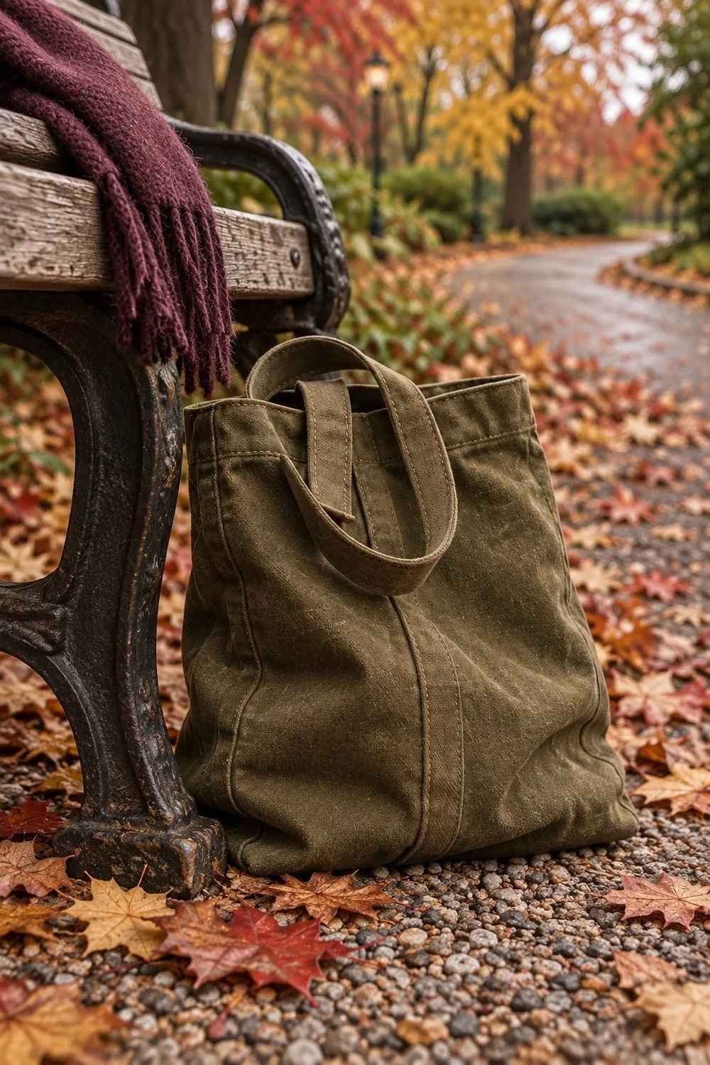 Olive canvas tote resting on gravel beside a park bench leg