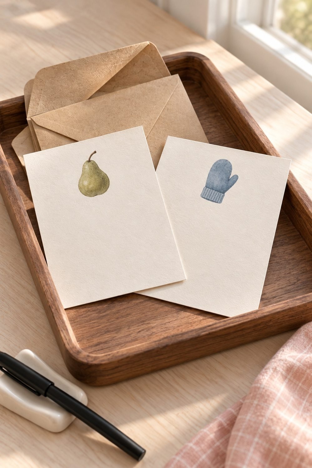 Cream note cards with green pear and blue mitten illustrations in a walnut tray beside kraft envelopes