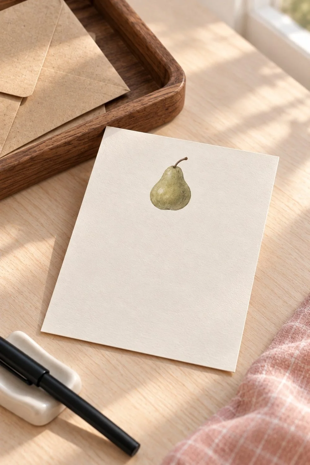 Cream flat postcard with a small green pear drawing and blank message area