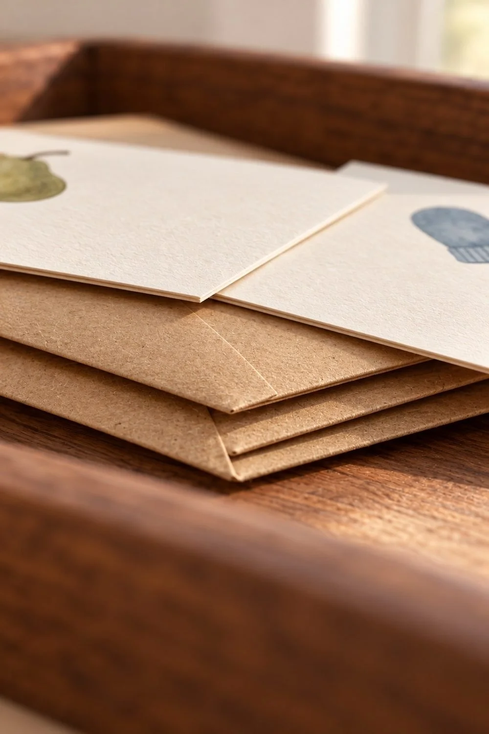 Low view of thin note cards resting on three kraft envelopes in a walnut tray