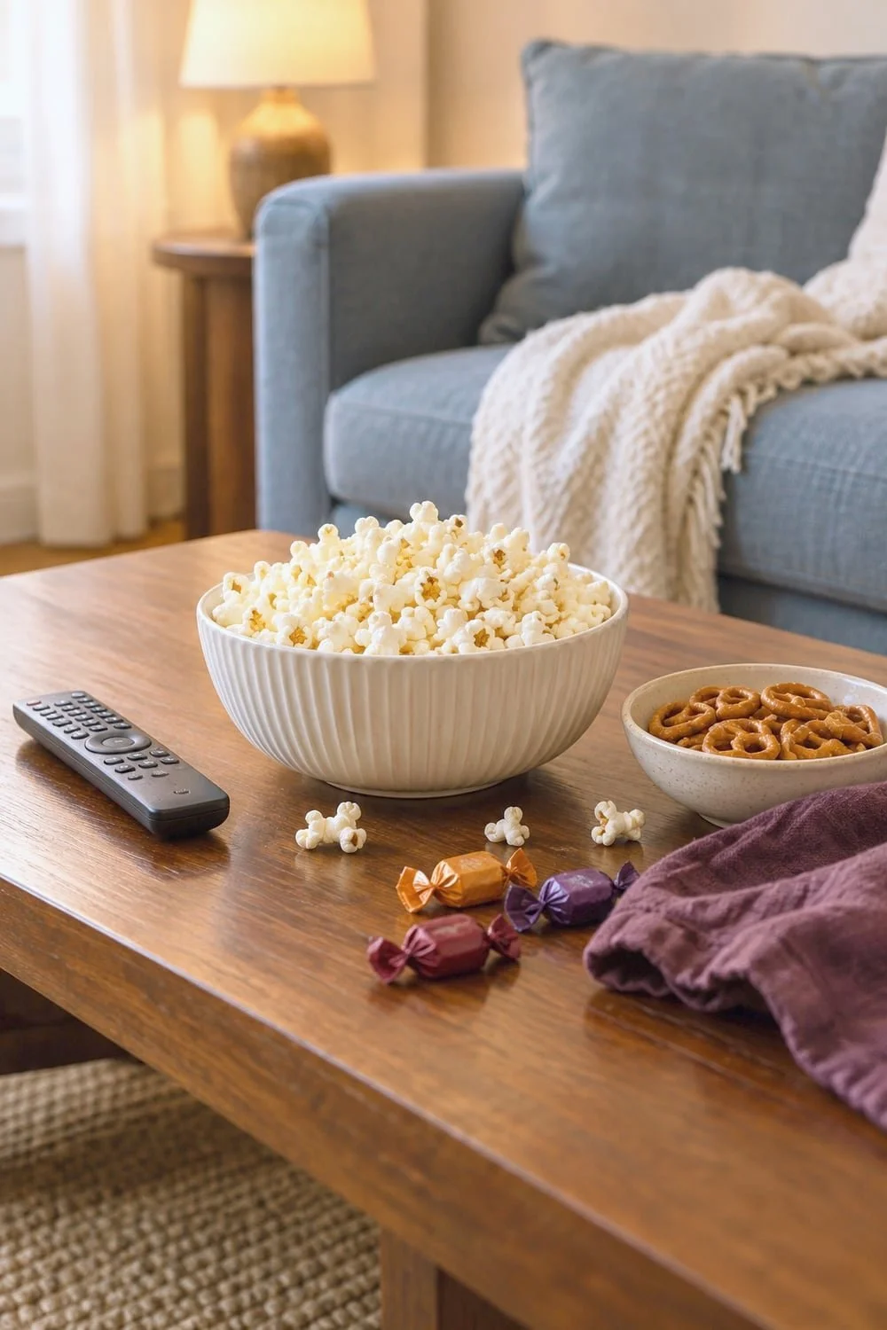 Popcorn and pretzels in cream bowls on a wooden table beside wrapped candy, a remote and a plum napkin.