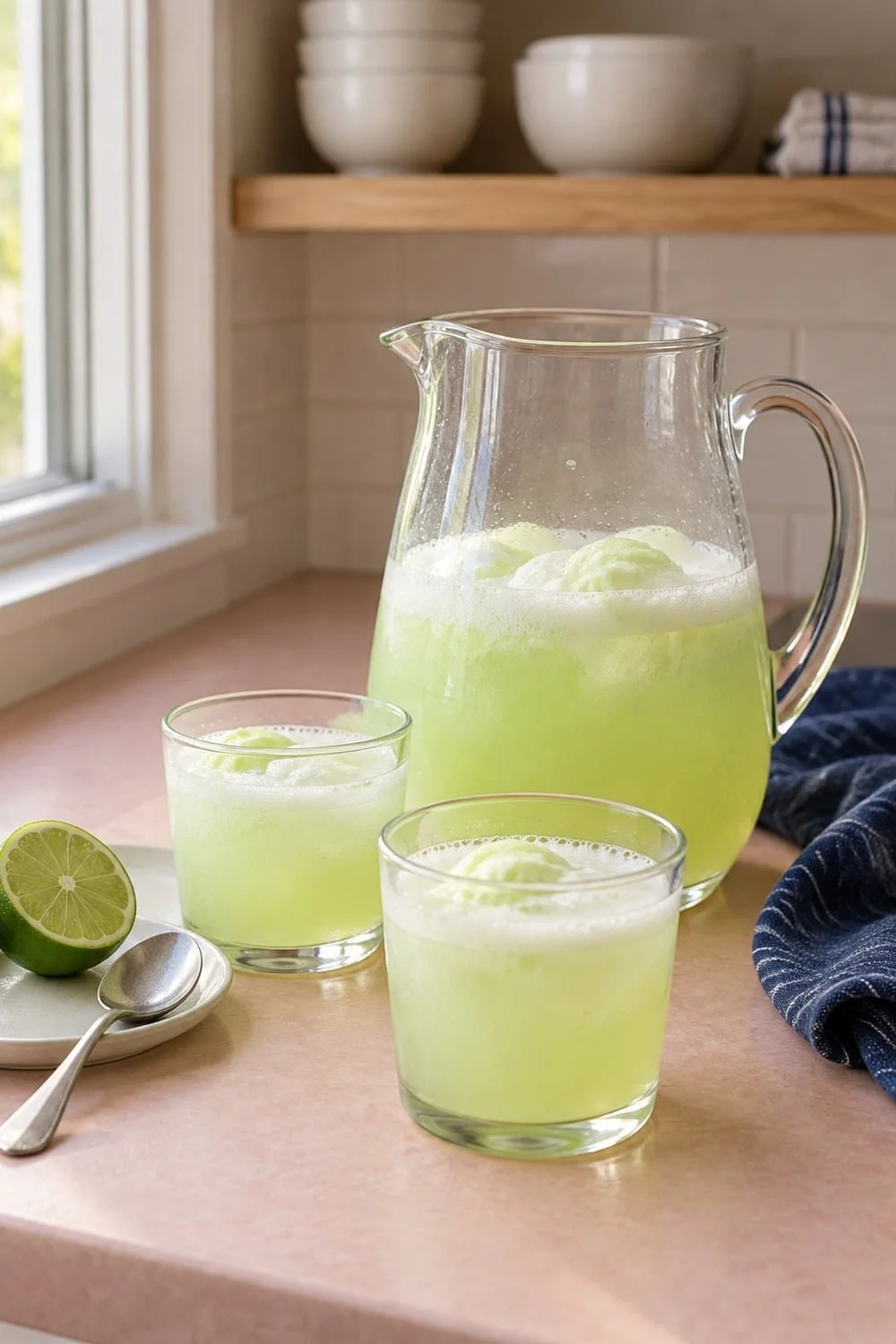 Lime sherbet punch in a glass pitcher and two short glasses on a pink counter beside a lime and a spoon.