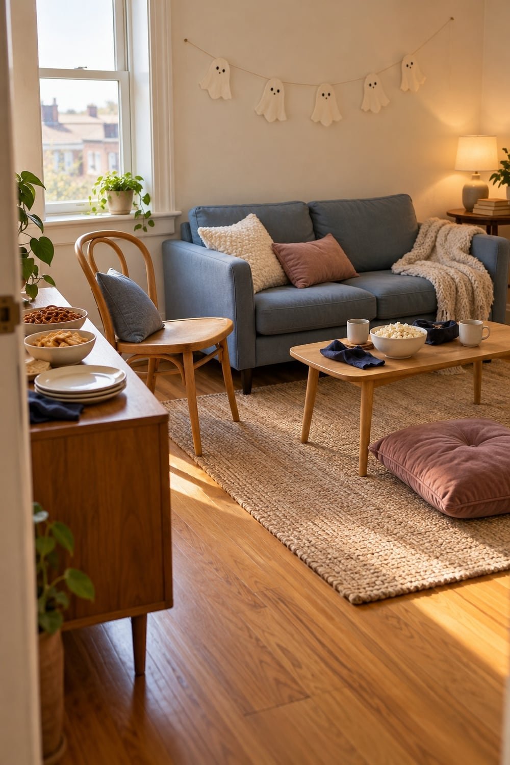 A small living room with a blue sofa, wooden chair, floor cushion, snack console and paper ghost garland.