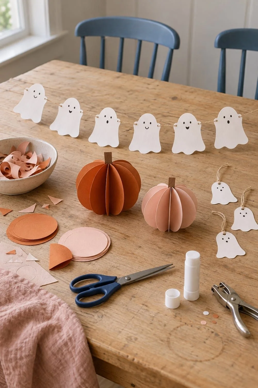 Six friendly white paper ghosts on a string beside orange and pink folded paper pumpkins, small ghost tags and tools on a wooden table.
