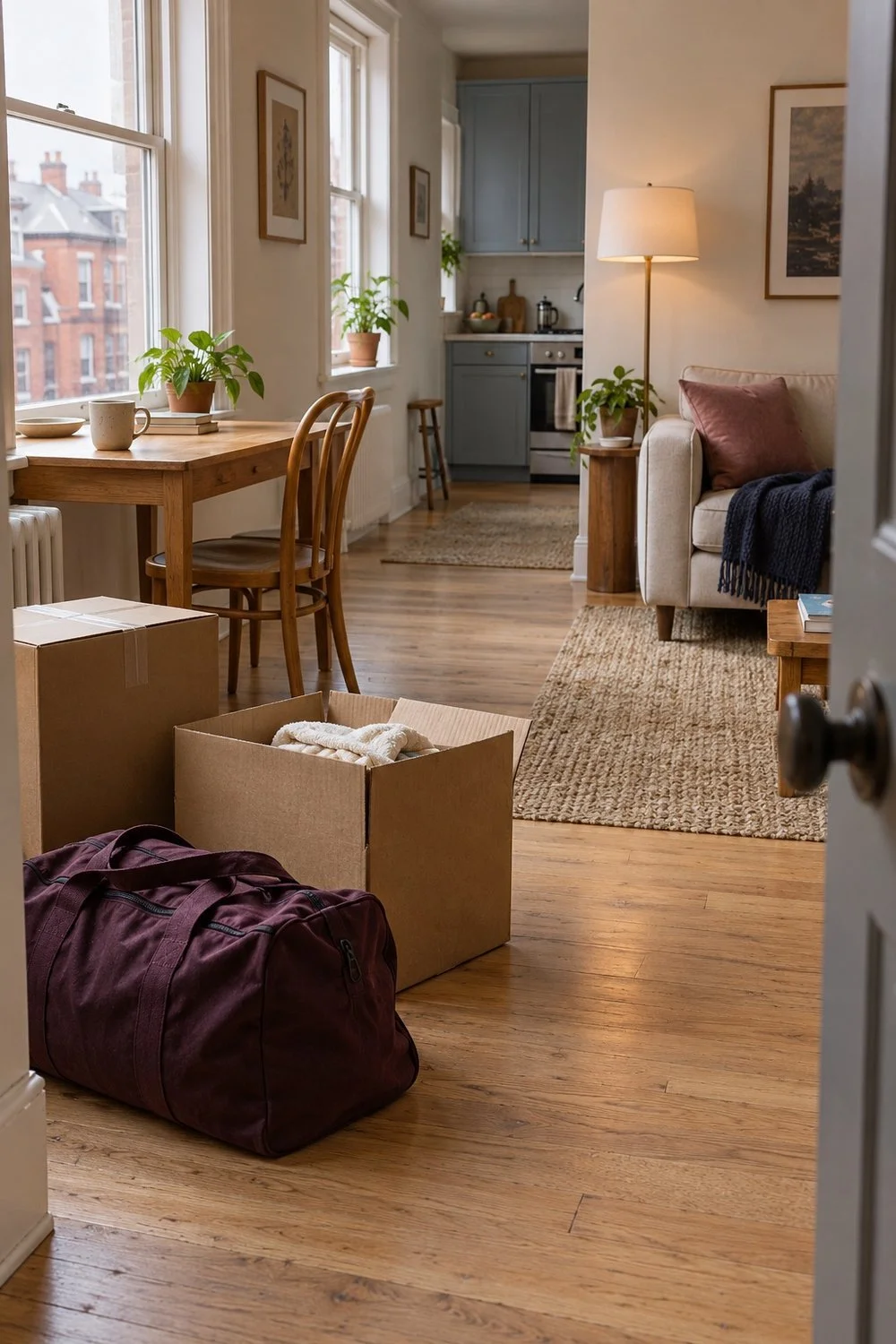 Plum travel bag and moving boxes in a small city apartment.