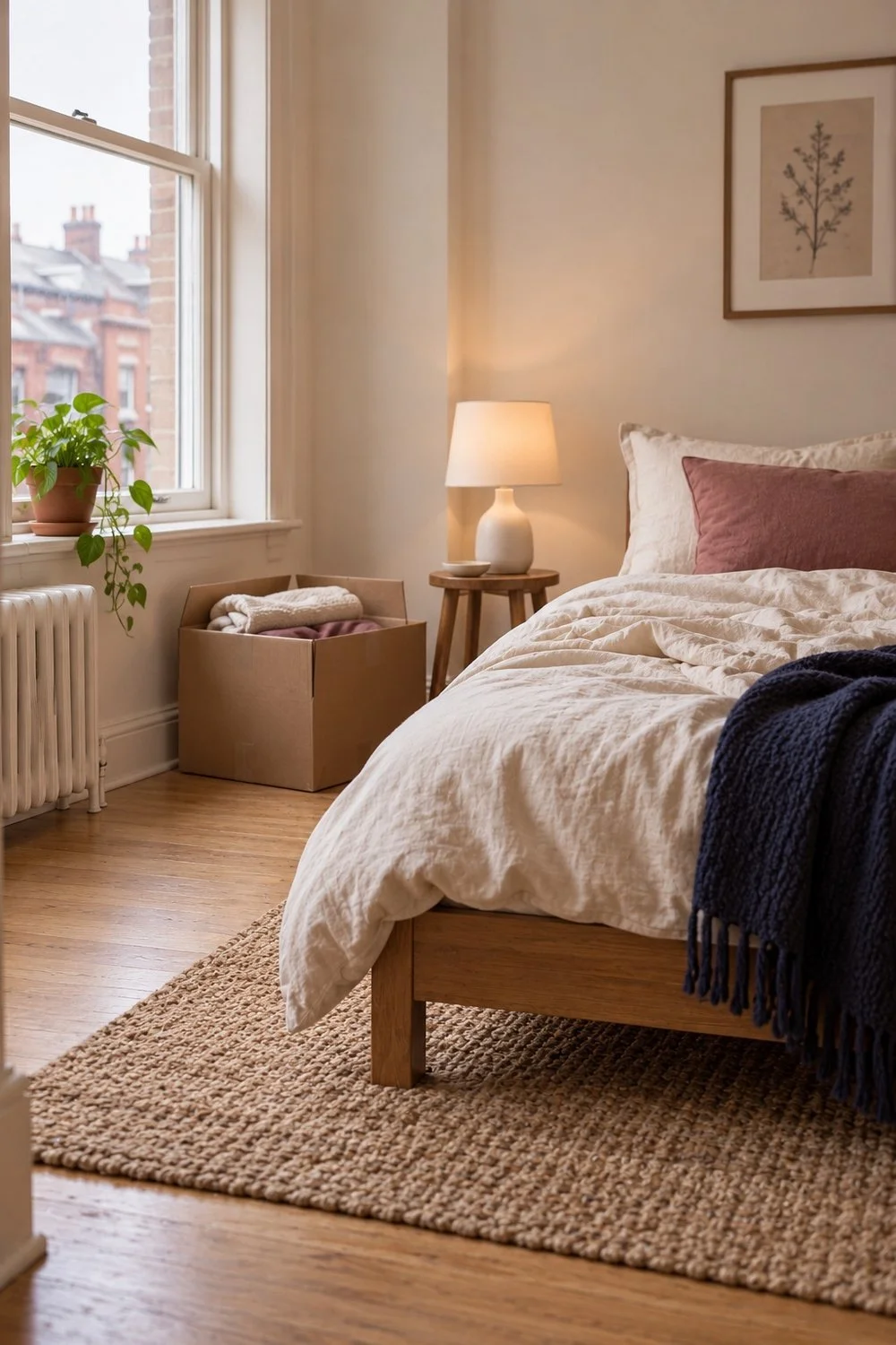 Cream bedding and a bedside lamp beside a half-unpacked moving box.